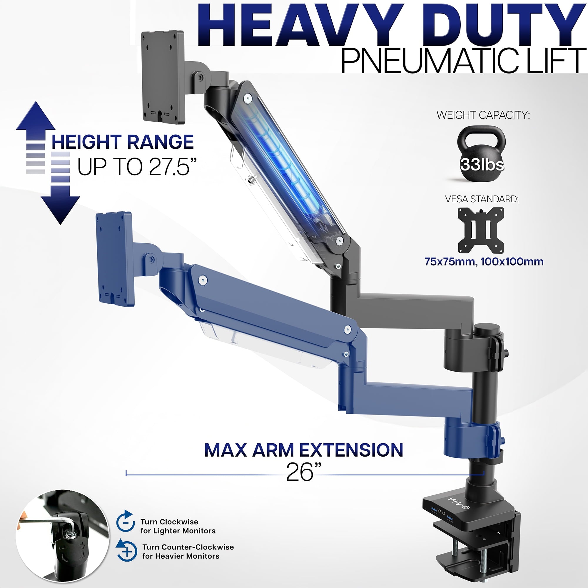VIVO Single Monitor Stand Desk Mount Arm w/ USB Ports, Fits Ultrawides up to 49" - Image 5