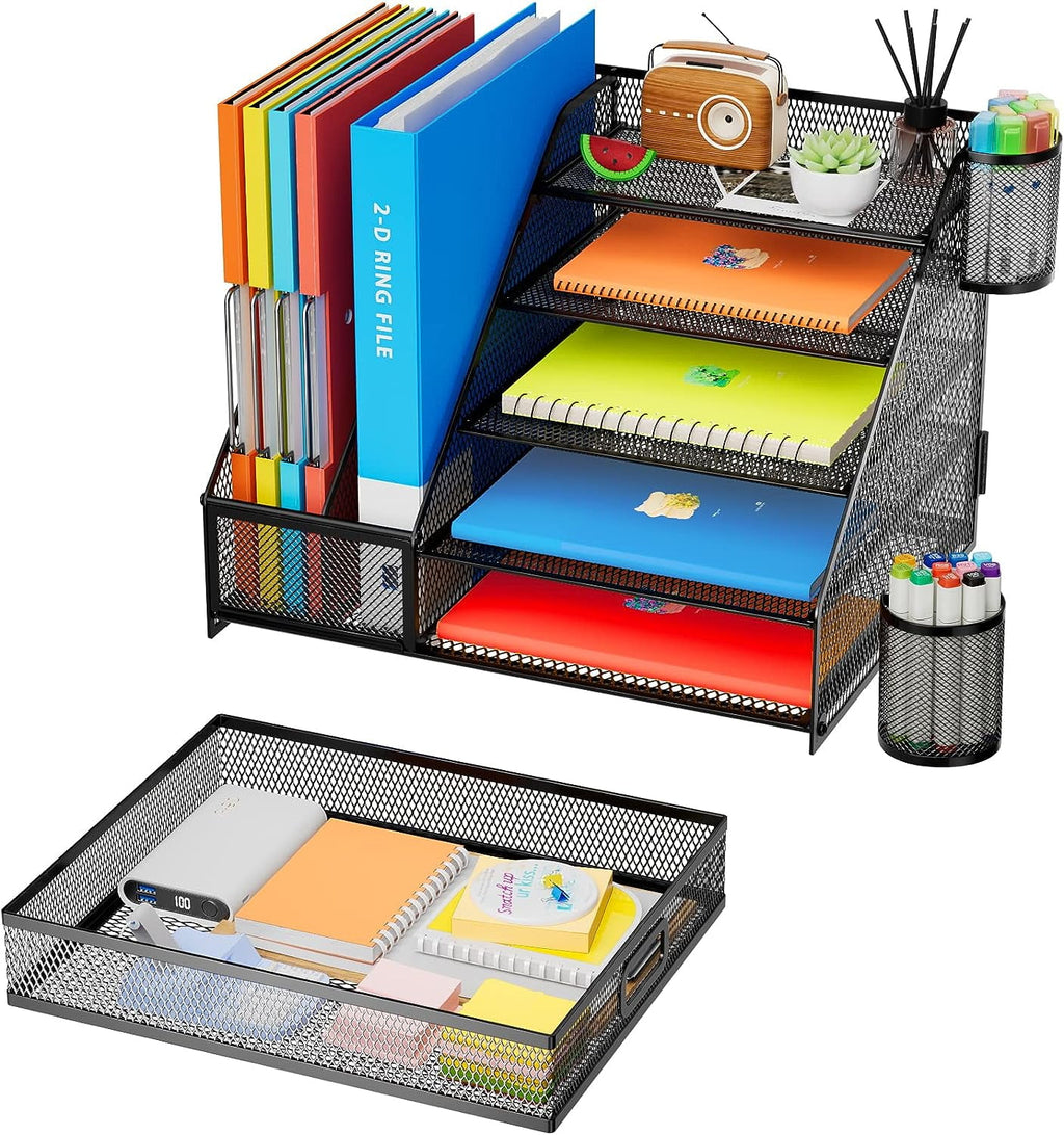 Desk Organizer with File Holder, 5-Tier Paper Letter Tray Organizer with Drawer and 2 Pen Holder, Mesh Desk Organizer... - Image 3