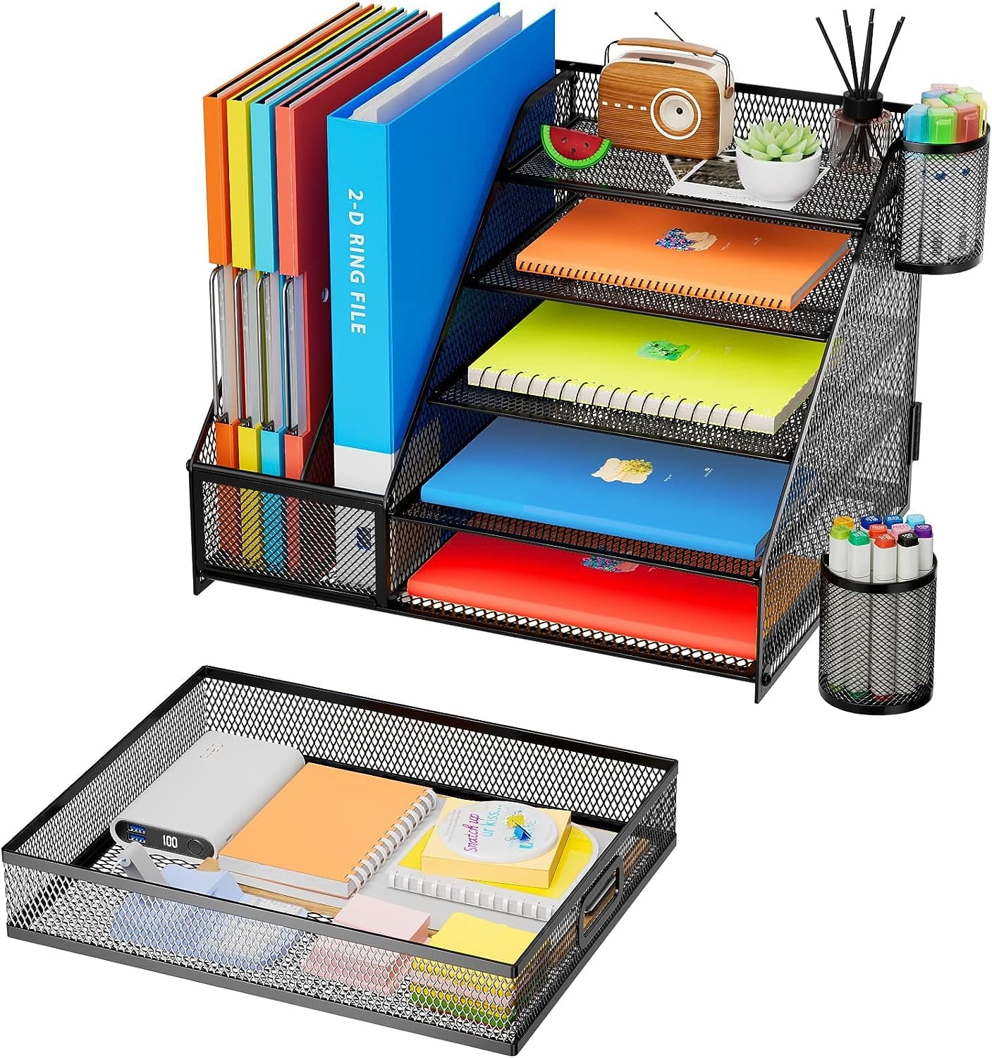 Desk Organizer with File Holder, 5-Tier Paper Letter Tray Organizer with Drawer and 2 Pen Holder, Mesh Desk Organizer... - Image 3