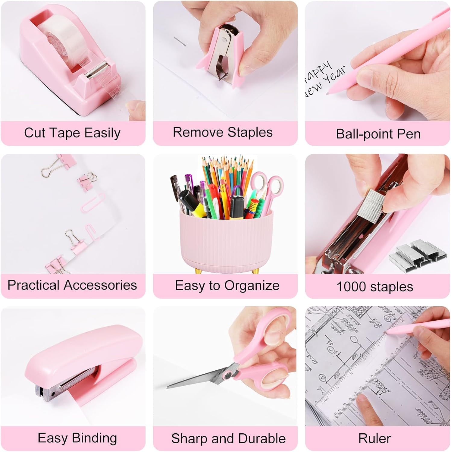 Desk Organizers and Accessories, 10 Pcs Set with 360-Degree Rotating Pen Holder, Tape Dispenser, Stapler, Staple Remover, 1000 Staples, Tape - Image 5