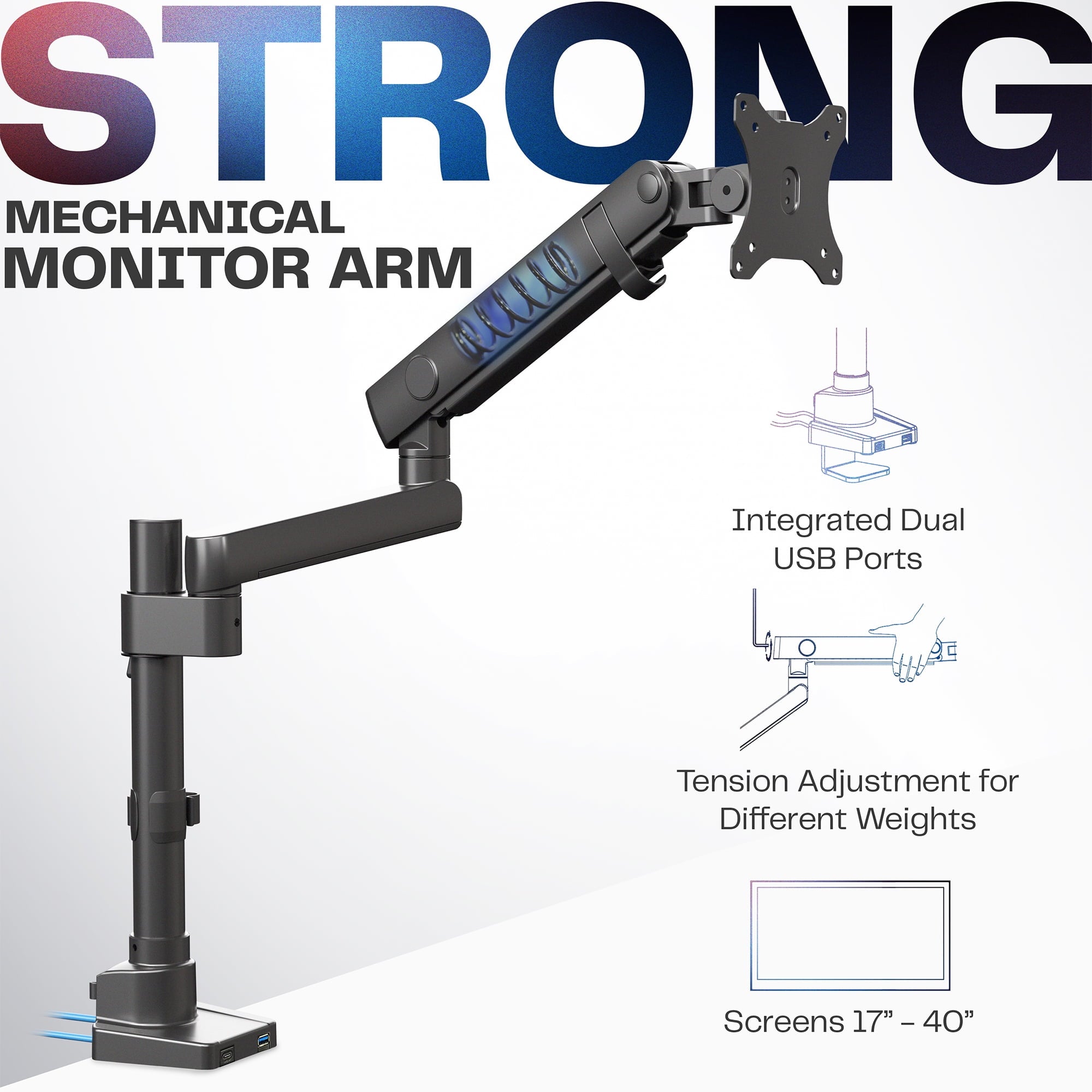 Premium Aluminum Single Monitor Arm Desk Mount Stand with USB Ports - Image 3