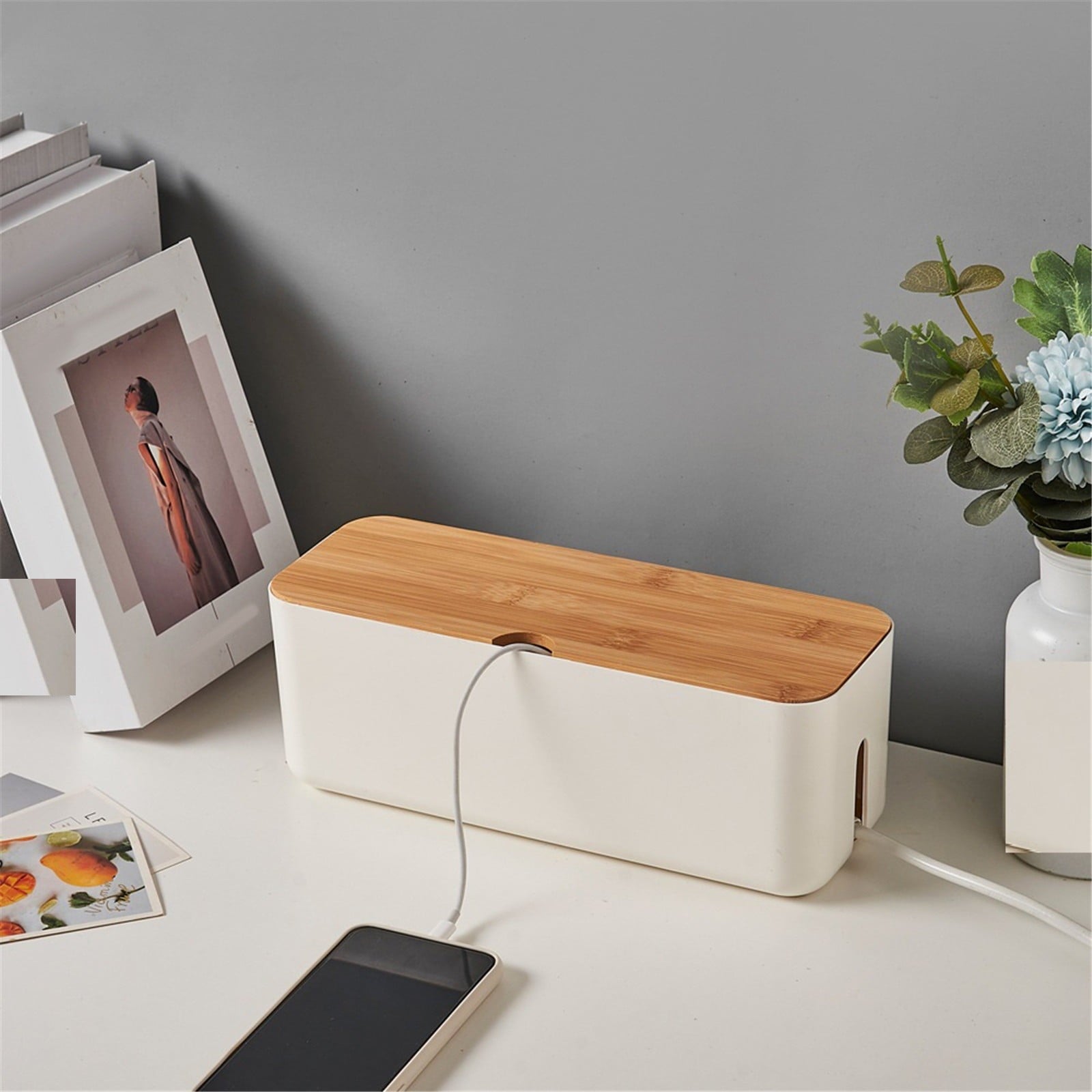 White Cable Management Box 11.8x4.5 Inches, Wooden Lid, Cable Organizer for Desktop, TV, Computer, USB Hub System for... - Image 4