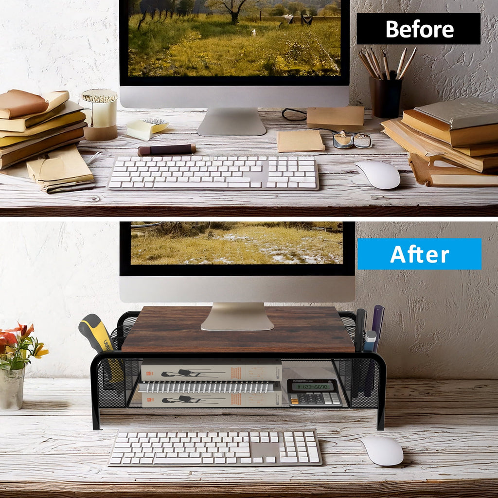 16.85" Metal Monitor Stand Riser with Drawer - Black Rustic Desktop Organizer for Computer, Laptop, Printer - Image 2