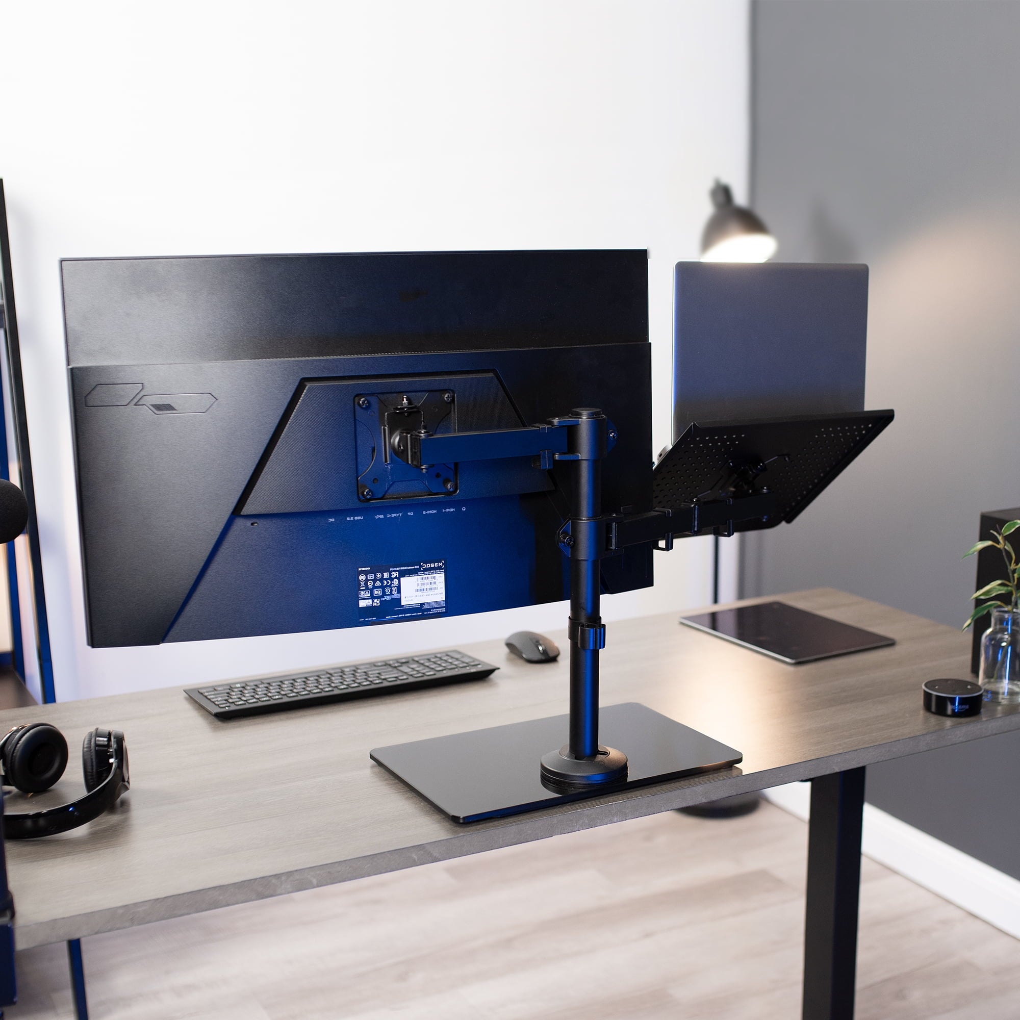 Black Laptop & Monitor Desk Stand with Glass Base, Fits up to 32" Screen - Image 2