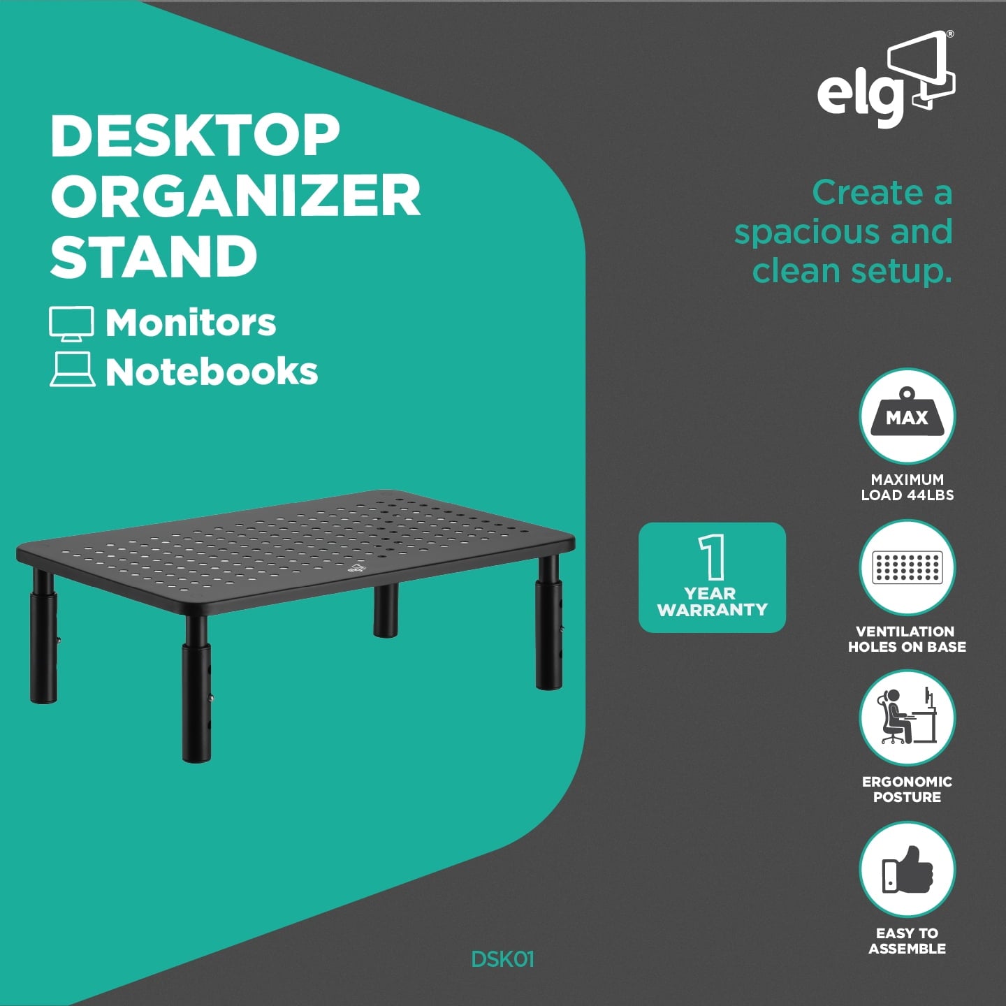 ELG Desktop Monitor Stand and Laptop Riser, Adjustable Height Steel Organizer, 44 lb Capacity, Black, 2 Pack - Image 6