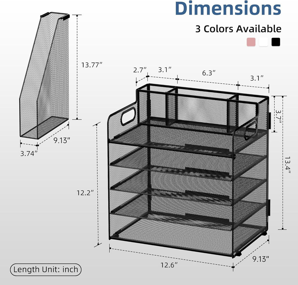 5-Tier Metal Desk File Organizer with Handle, Pen Holders and File Rack, Office supplies, Black, 1 Piece - Image 4