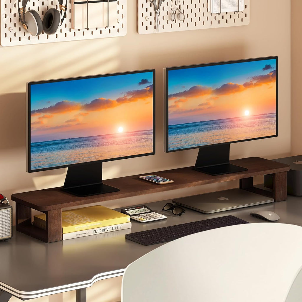 Dual Monitor Stand Riser 2 Heights Adjustable Wood Computer Monitor Stand Desktop Organizer, Large Monitor Stand for 2 Monitors, Laptop, TV, - Image 4