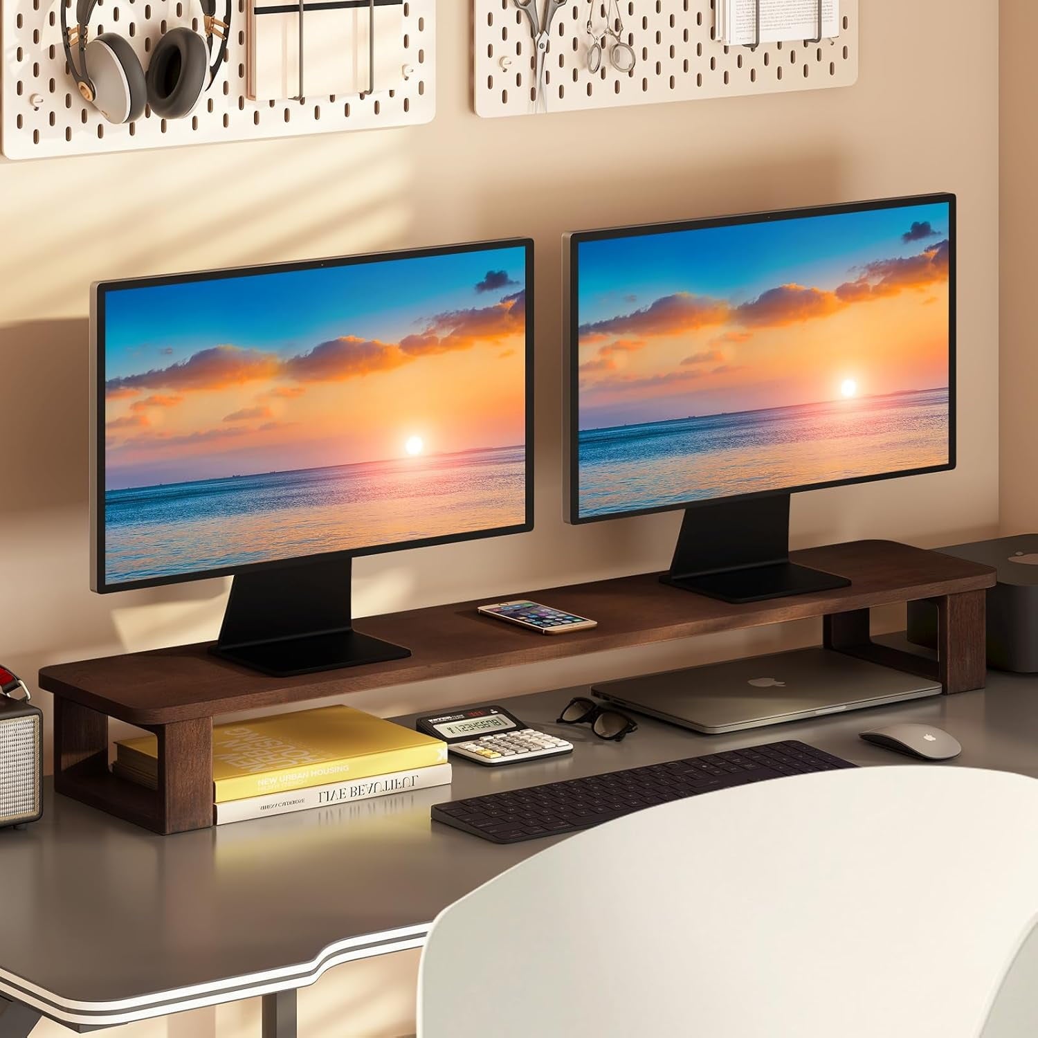 Dual Monitor Stand Riser 2 Heights Adjustable Wood Computer Monitor Stand Desktop Organizer, Large Monitor Stand for 2 Monitors, Laptop, TV, - Image 4