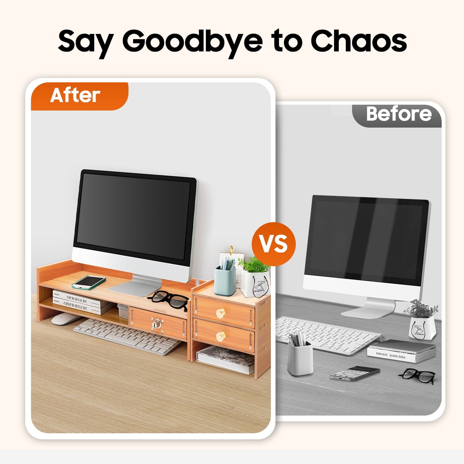 Wooden Computer Monitor Stand with Lockable Drawer, 3 Drawers & Phone Holder, Space-Saving Desk Organizer, Ergonomic ... - Image 4