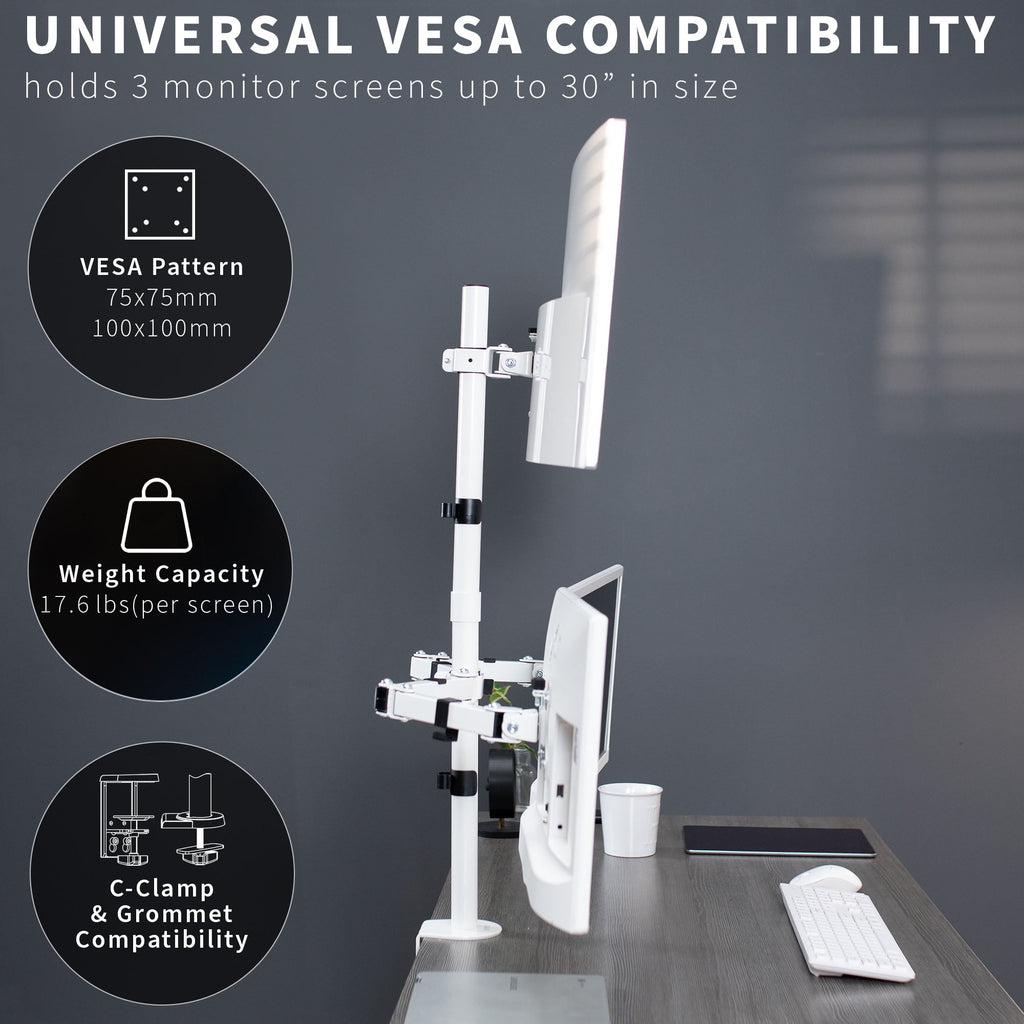 White Triple Monitor Adjustable Desk Mount Stand, 3 Screens up to 30" - Image 3