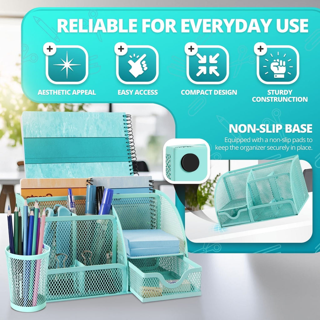 Desk Organizer Office Supplies Accessories Desktop Tabletop Sorter Shelf Pencil Holder Caddy Set - Metal Mesh with Drawer and 6 Compartments - Image 2