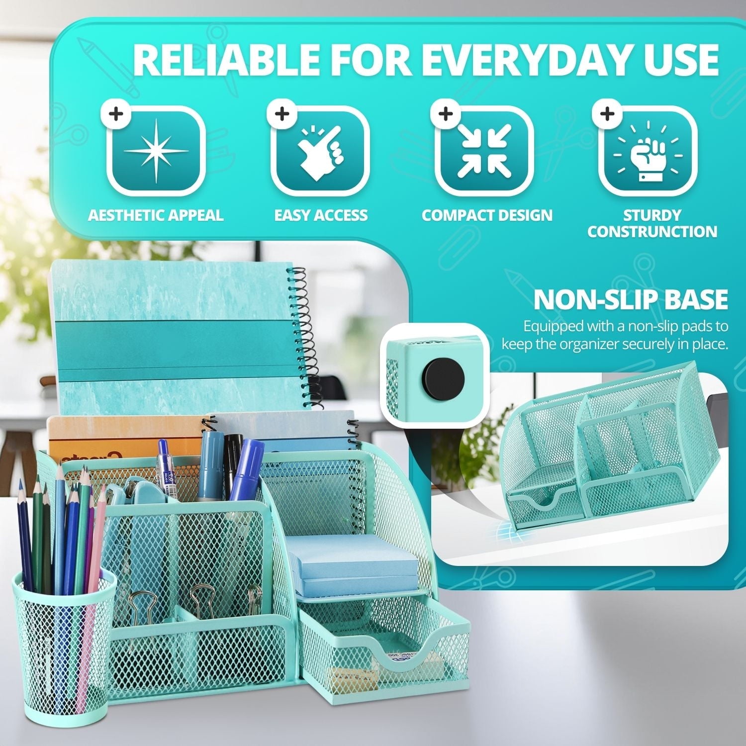 Desk Organizer Office Supplies Accessories Desktop Tabletop Sorter Shelf Pencil Holder Caddy Set - Metal Mesh with Drawer and 6 Compartments - Image 2