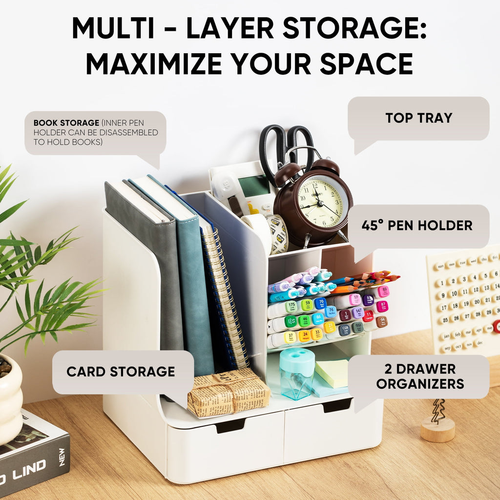 Tall Organizer Plastic Desk Organizer for Office,Pencil Holder Organizer for Home Desk Storage Organizer with Drawers - Image 6