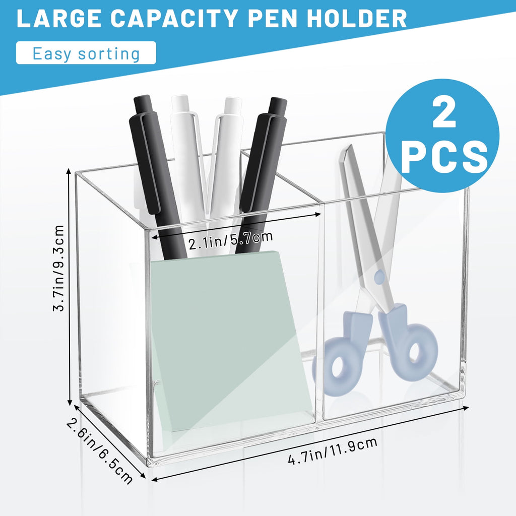 2Pcs Acrylic Pen Holder for Desk, 2 Compartments Clear Makeup Brush Holder Organizer, Pen Cup for Pencil Marker - Image 2