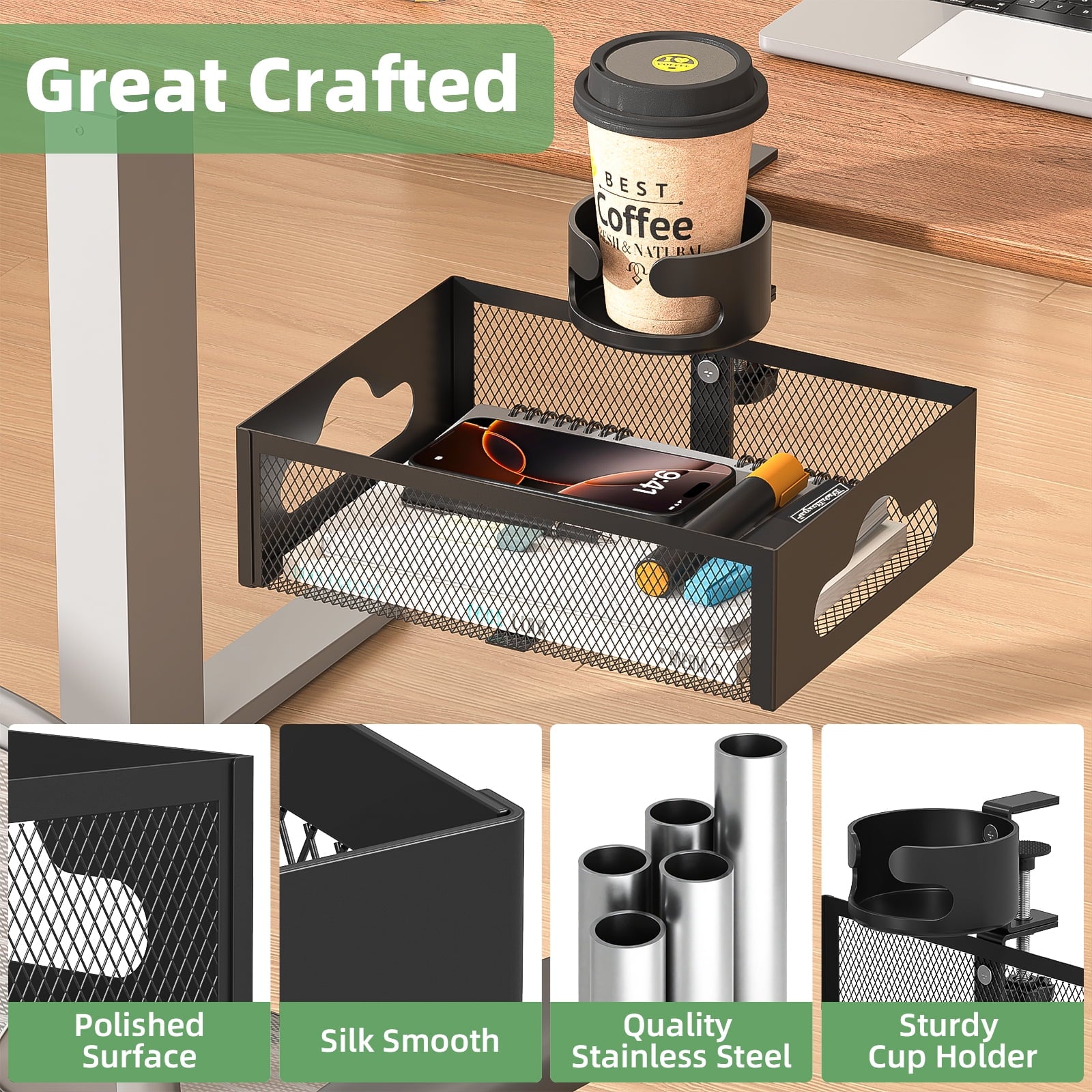 Bemico 360Rotation Under Desk Drawer Organizer with Cup Holder, Clamp-On Metal Large Under Table Storage Slide Out Caddy Drawer for Home & O - Image 4