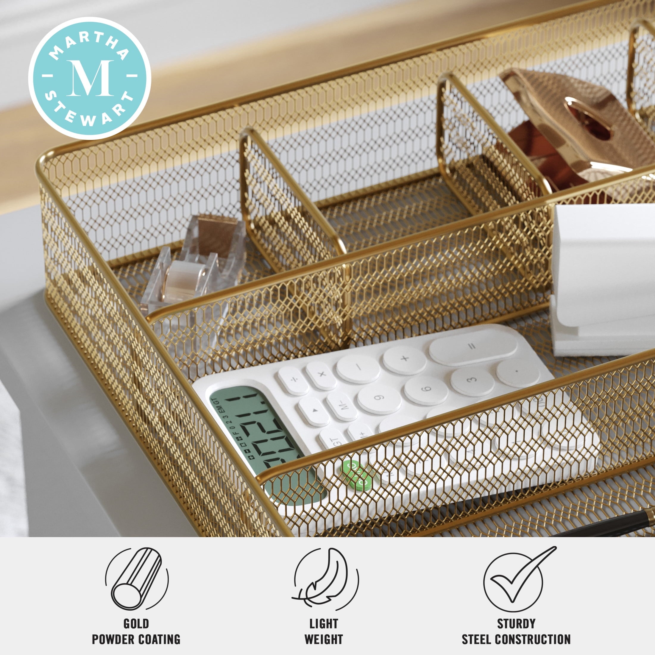 Ryder Gold Mesh Metal 6 Compartment Large Desk Drawer Organizer for Accessories and Office Supplies - Image 3