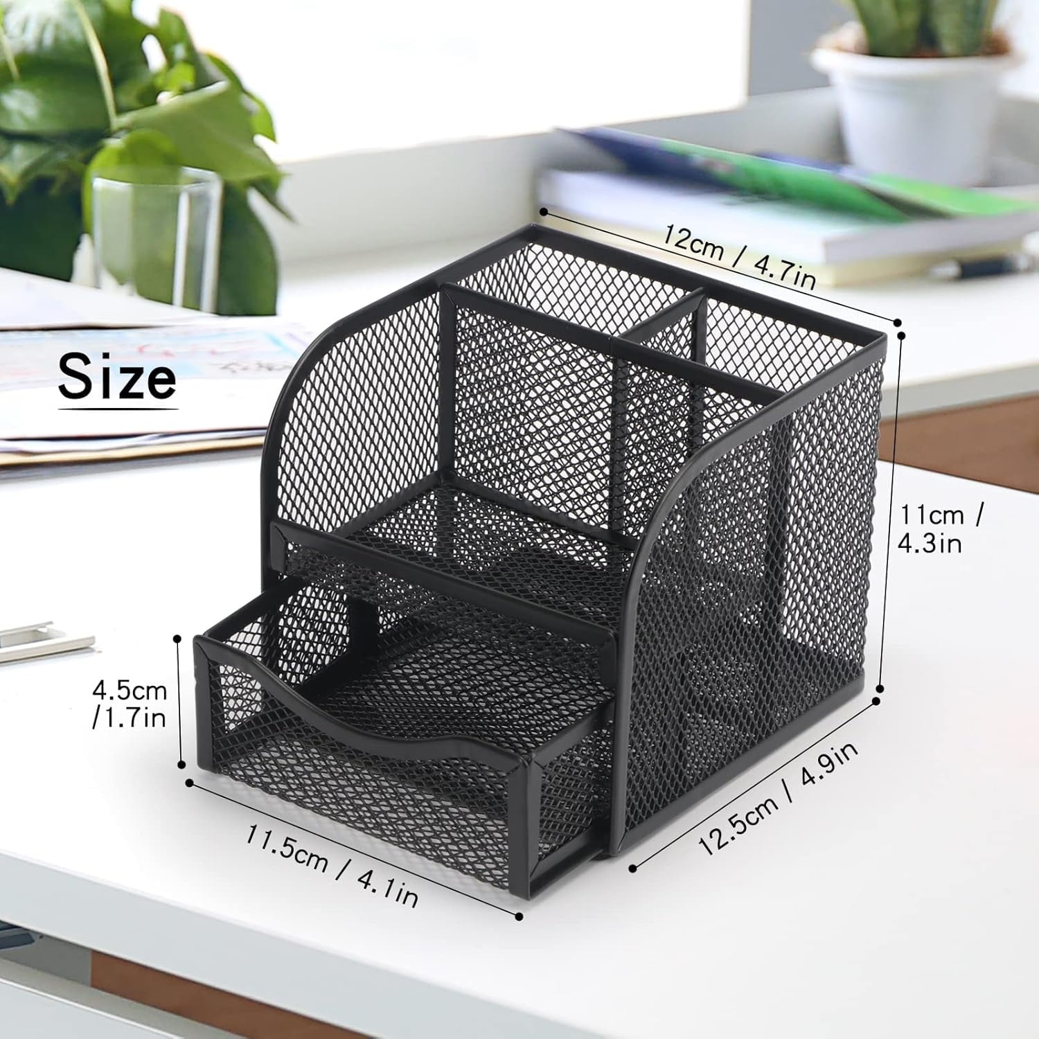 Mesh Desk Organizer with Drawer, 4 Compartments Metal Pen Holder, Black Square Desktop Storage for Office, Home - Image 4