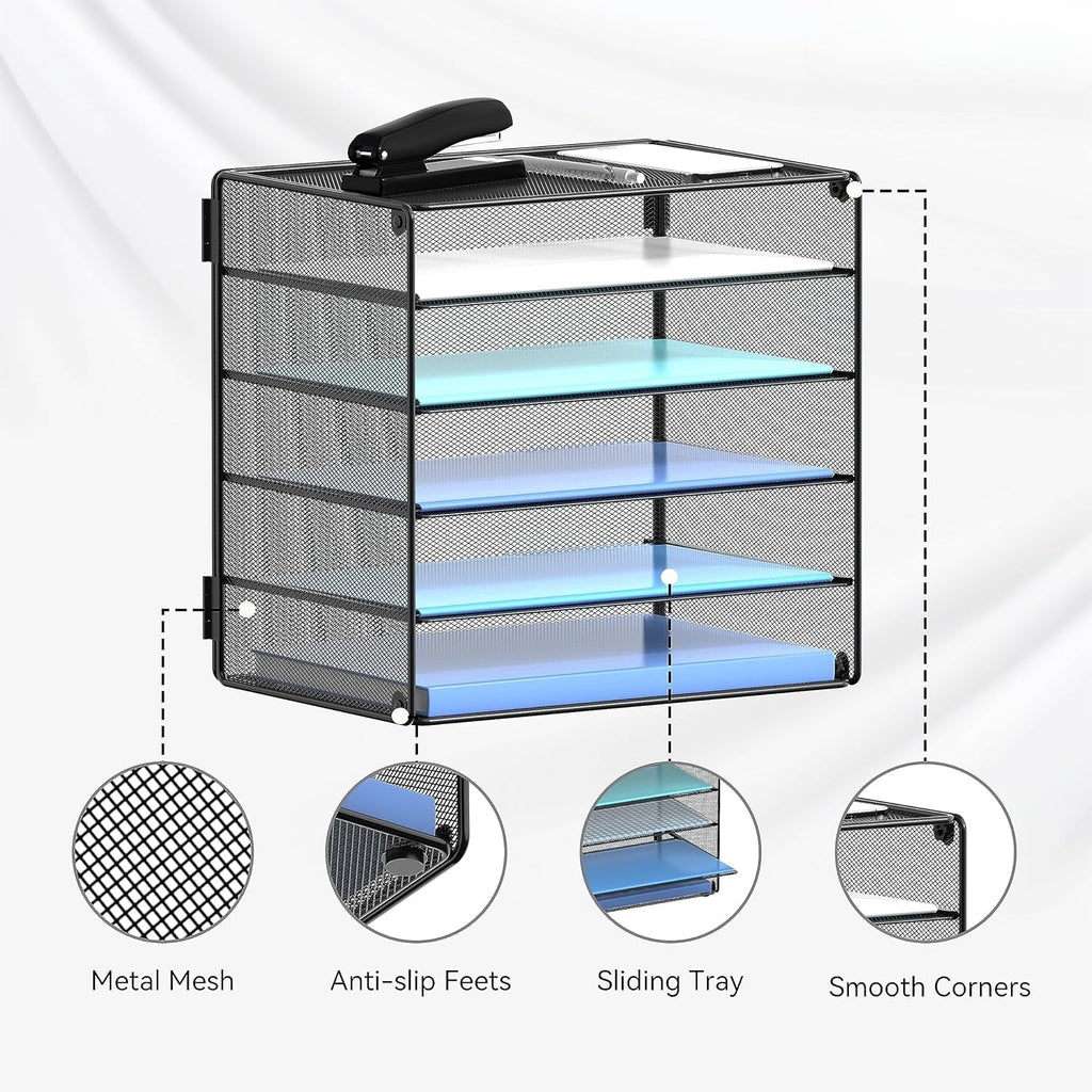 5 Tier Metal Desktop Organizer Tray, Desk Paper Organizer for Home Office, Black, 1 Pcs - Image 3