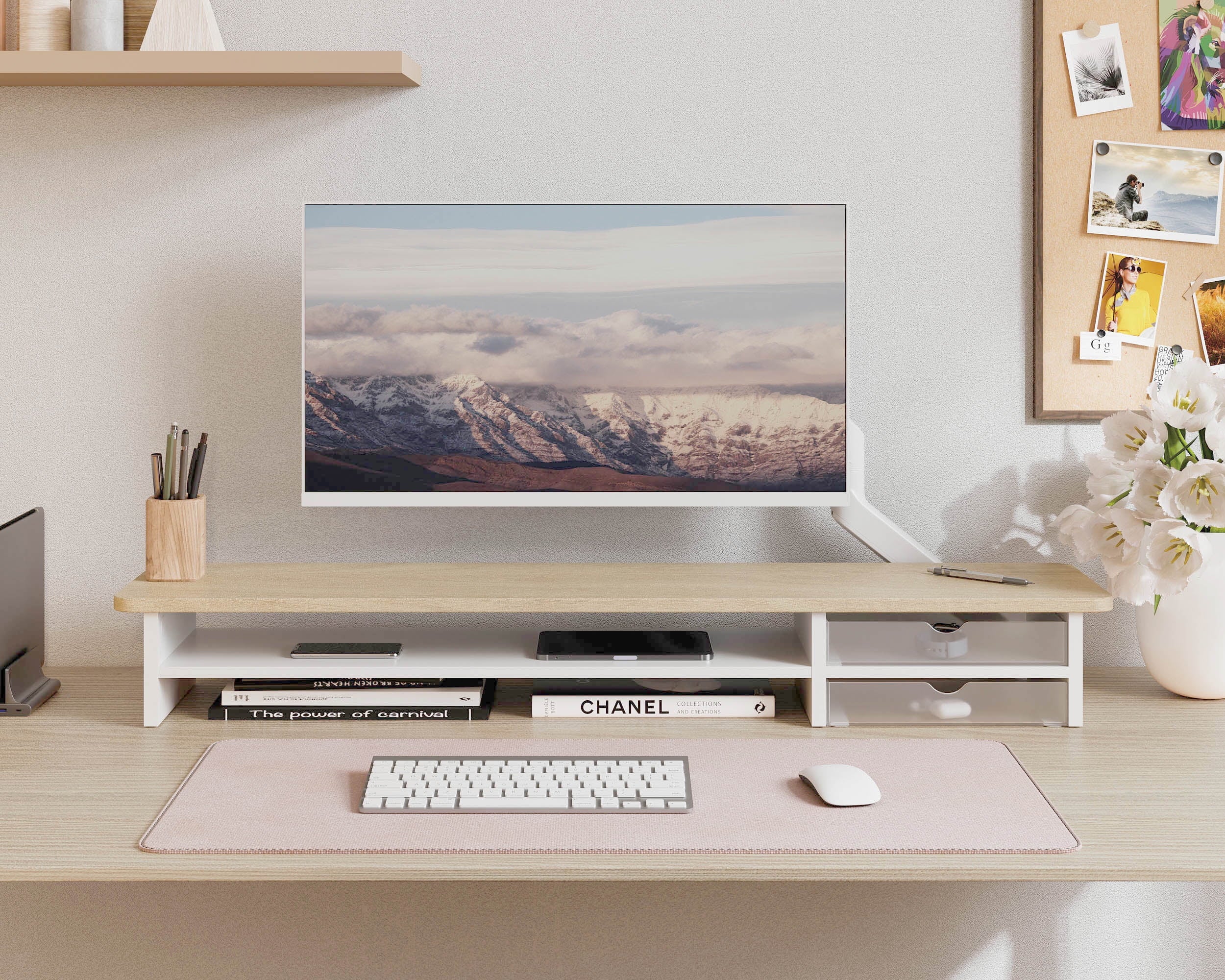 Fenge Monitor Stand, Dual Monitor Riser, 42.5inch Large Desk Computer Monitor Stand Riser with Drawer - Image 4