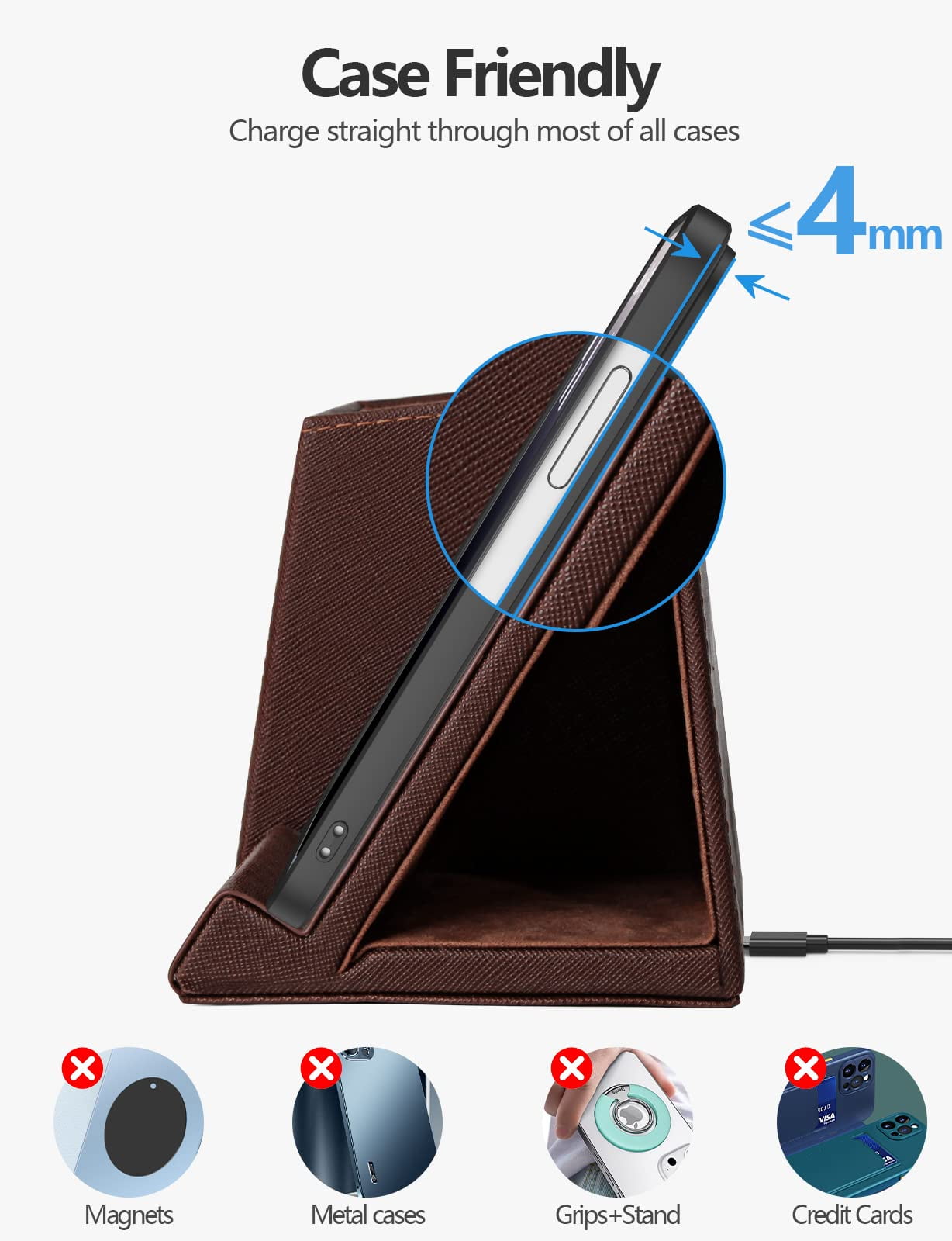 Desk Organizer with Wireless Charging for iPhone, PU Leather with Pencil Holder for Desk & Nightstand, Brown - Image 4