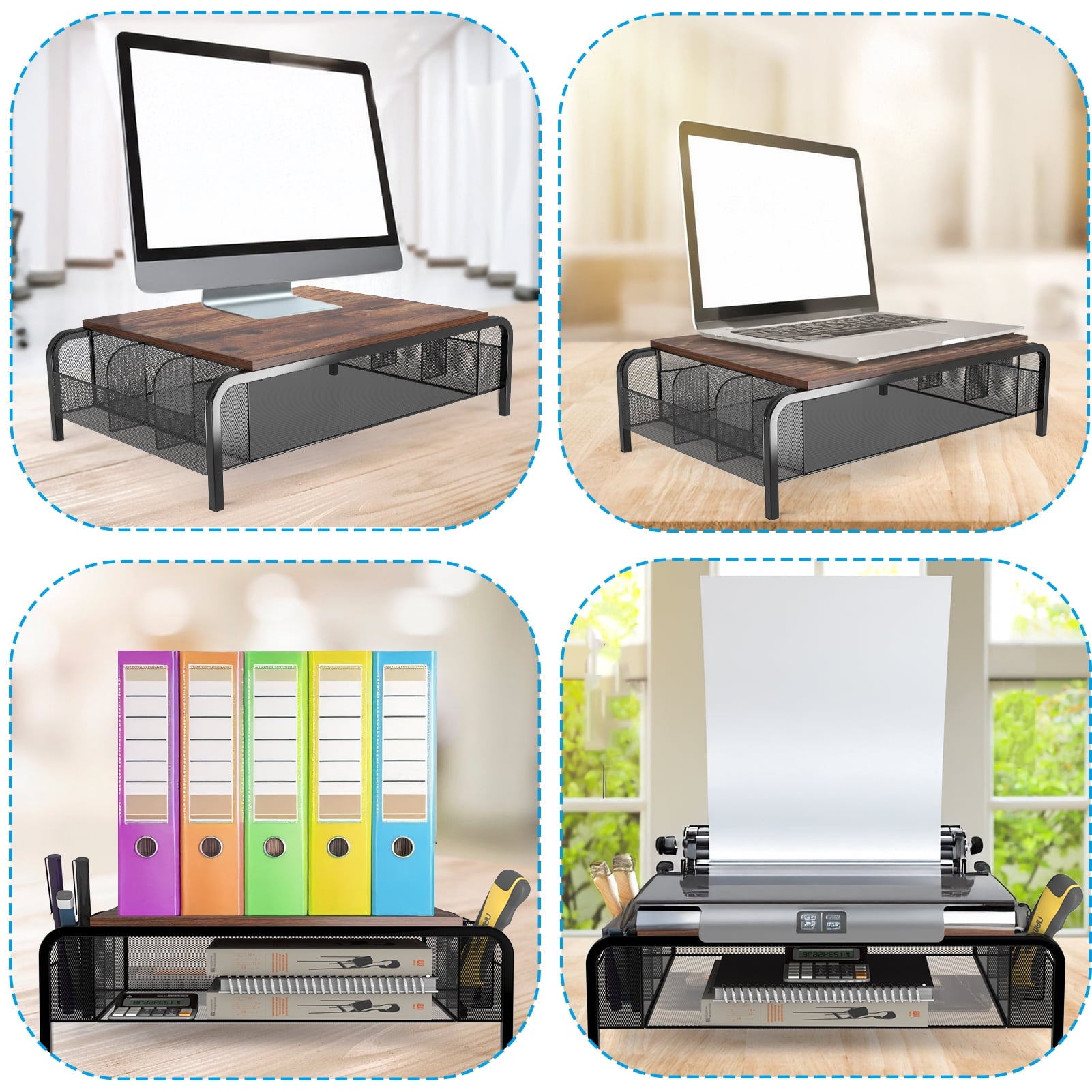 16.85" Metal Monitor Stand Riser with Drawer - Black Rustic Desktop Organizer for Computer, Laptop, Printer - Image 3