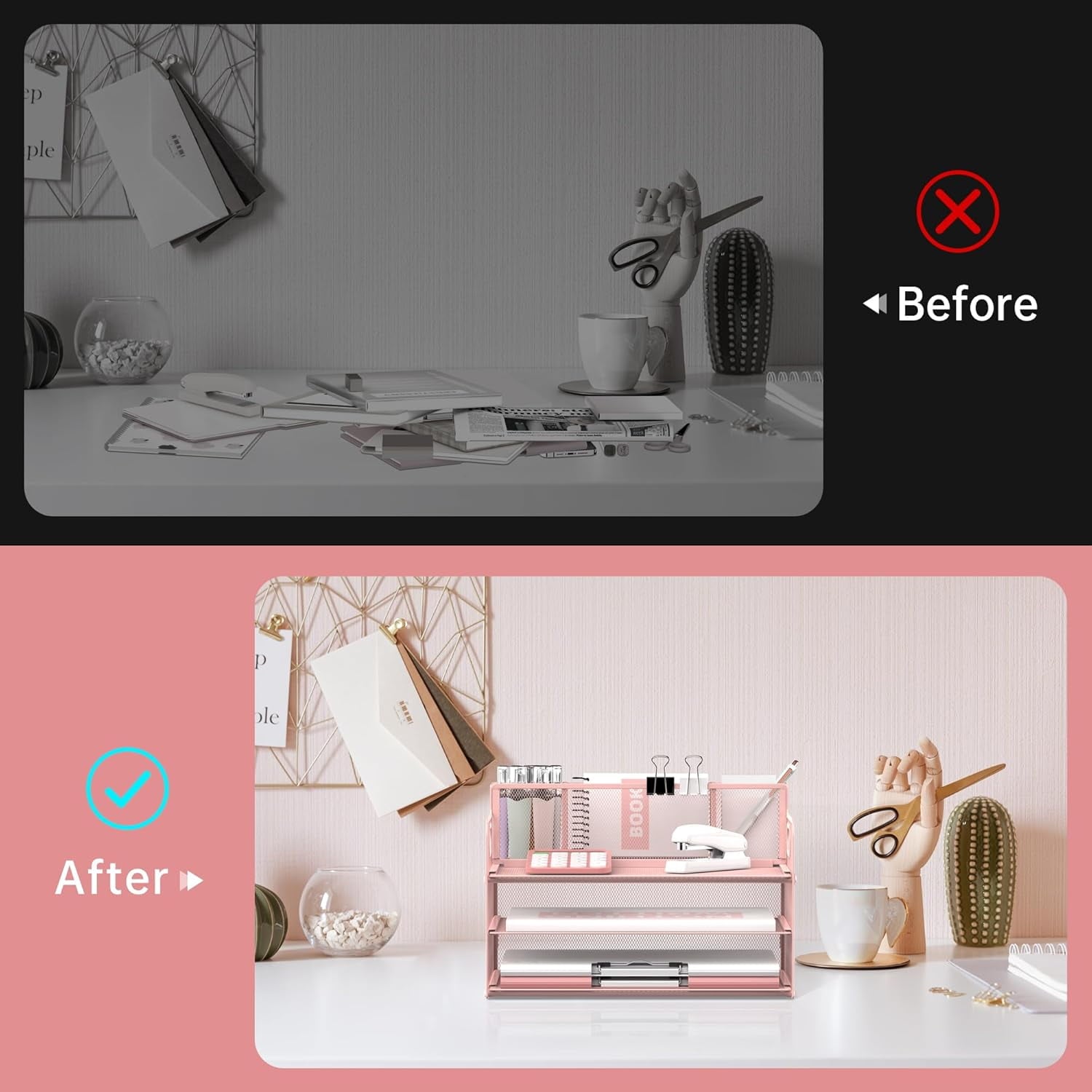 3 Metal Mesh Desk Organizer with 3 Pen Holders and Handle, Paper Organizer, Pink, 1 Pcs - Image 6