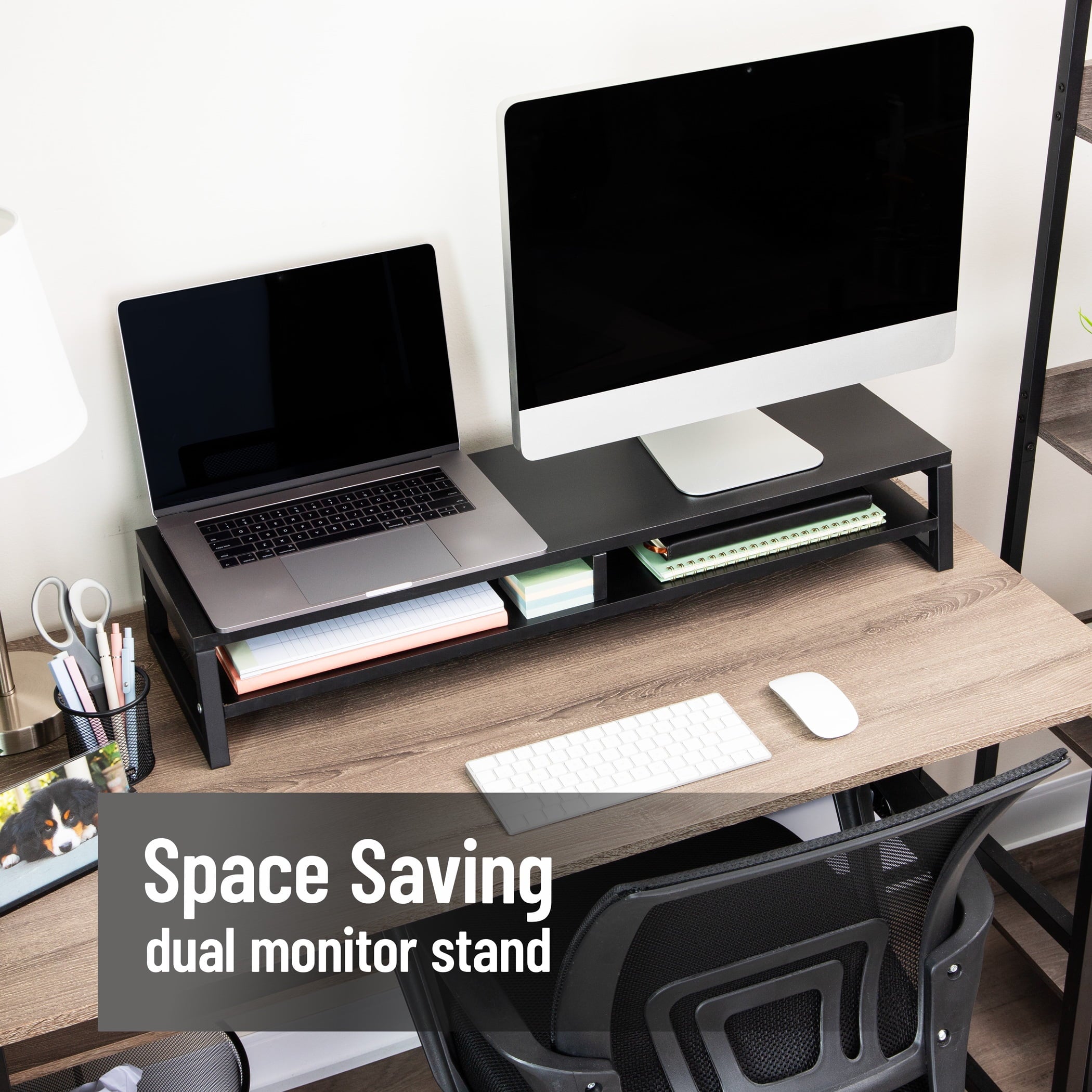 Mind Reader 2-Tier MDF Double Monitor Stand, Dual Screen Riser with Storage Shelf, Black - Image 4