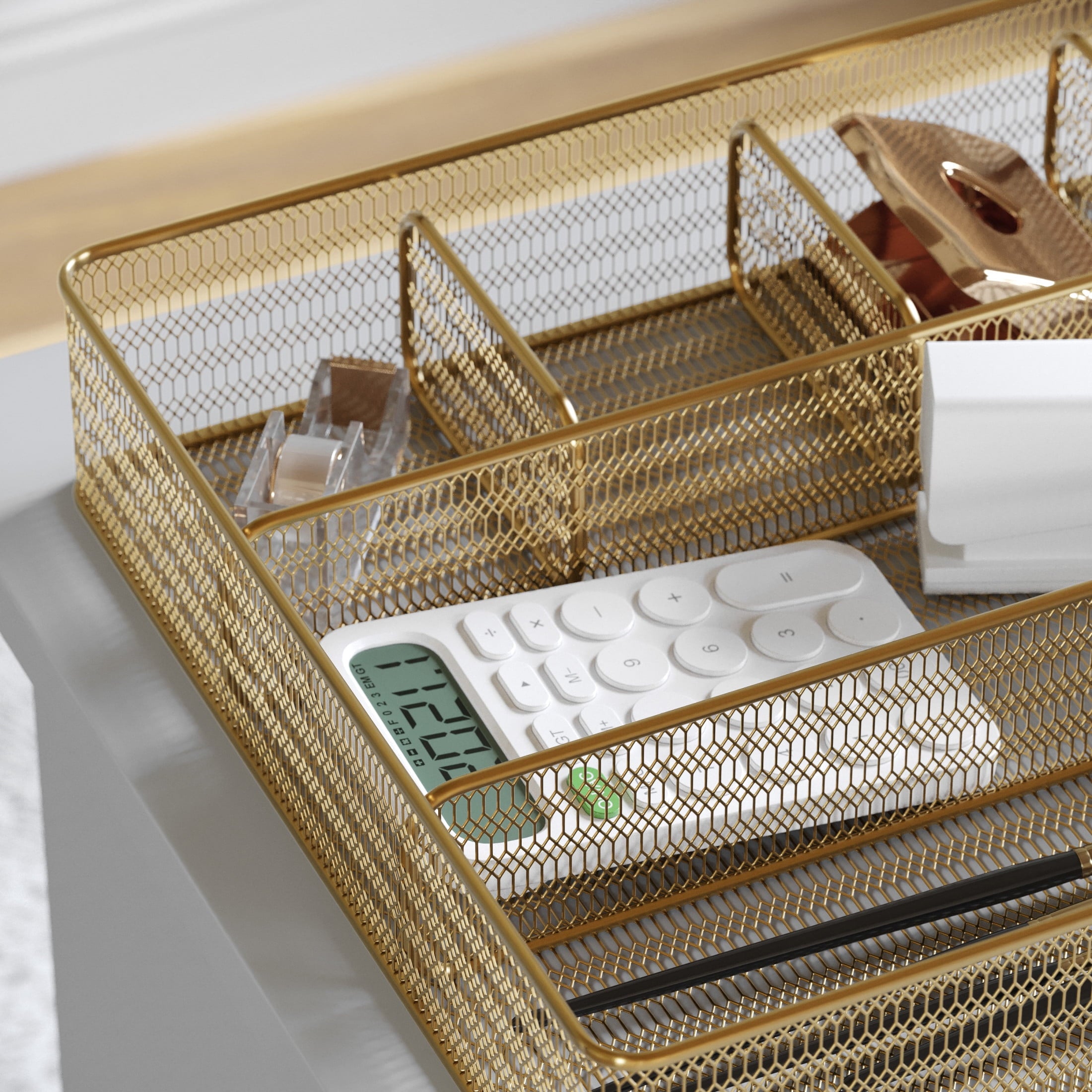 Ryder Gold Mesh Metal 6 Compartment Large Desk Drawer Organizer for Accessories and Office Supplies - Image 5