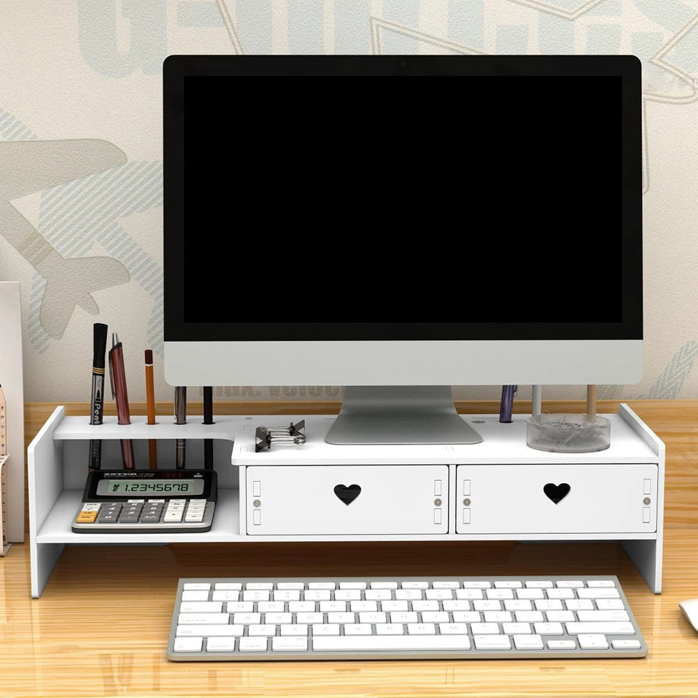 Desk Monitor Stand Riser with Organizer Tray, Desktop Shelf with Two Drawer, White - Image 3
