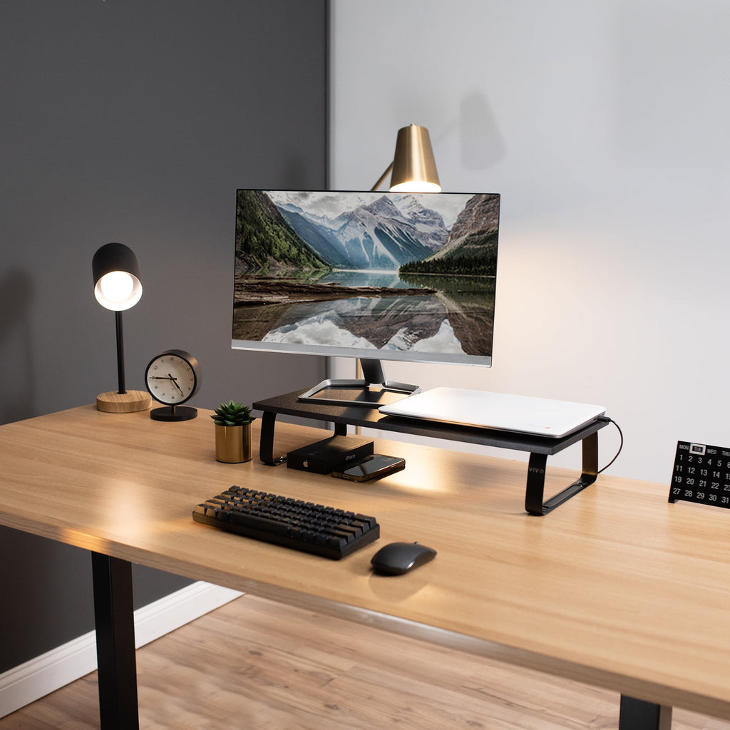 Black Wood 24" Wide Desktop Stand Ergonomic TV Monitor Riser Desk Organizer - Image 3