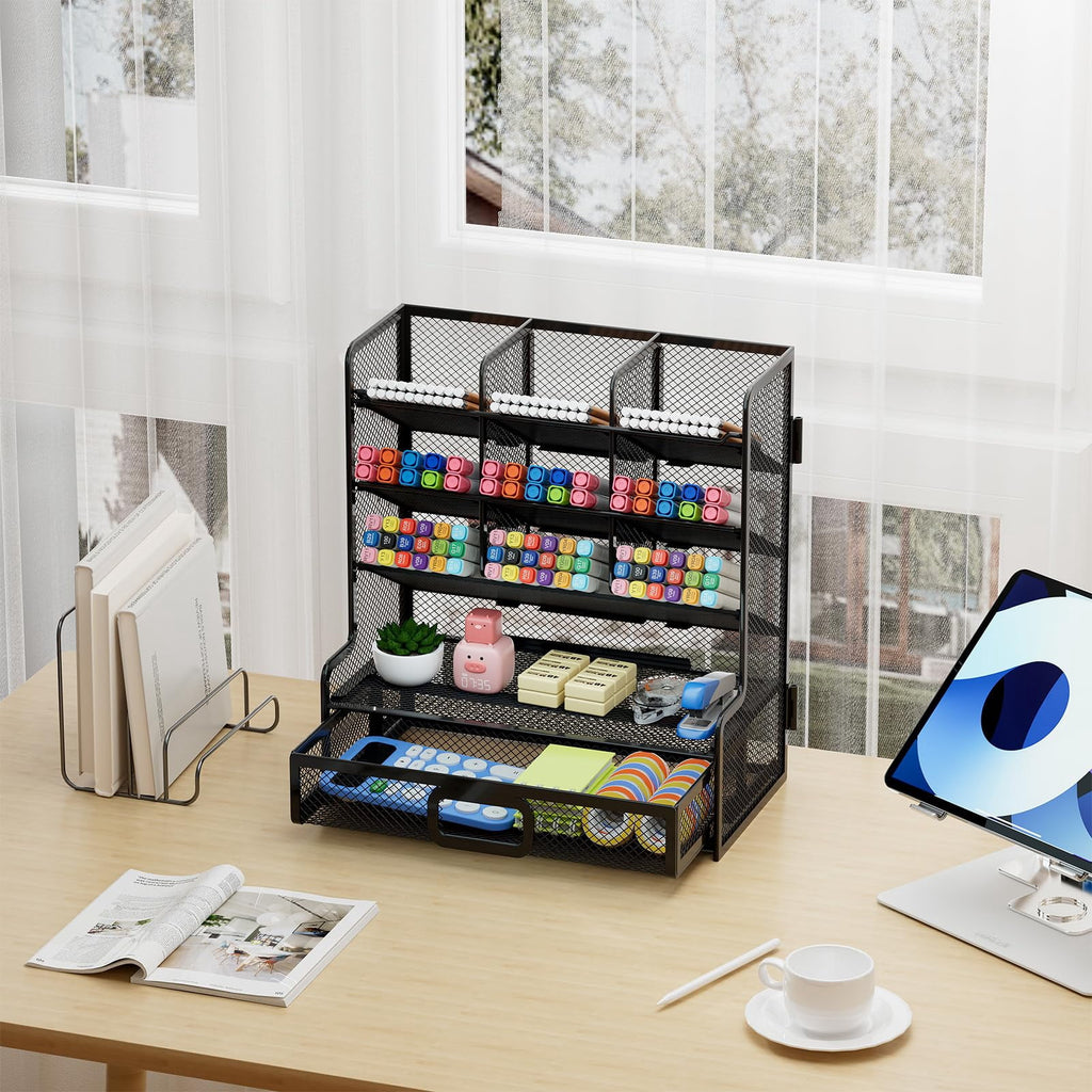 Mesh Desk Organizer with Drawer, Multi-Functional Pen Pencil Holder,Desk Organizers and Accessories( Black) - Image 6