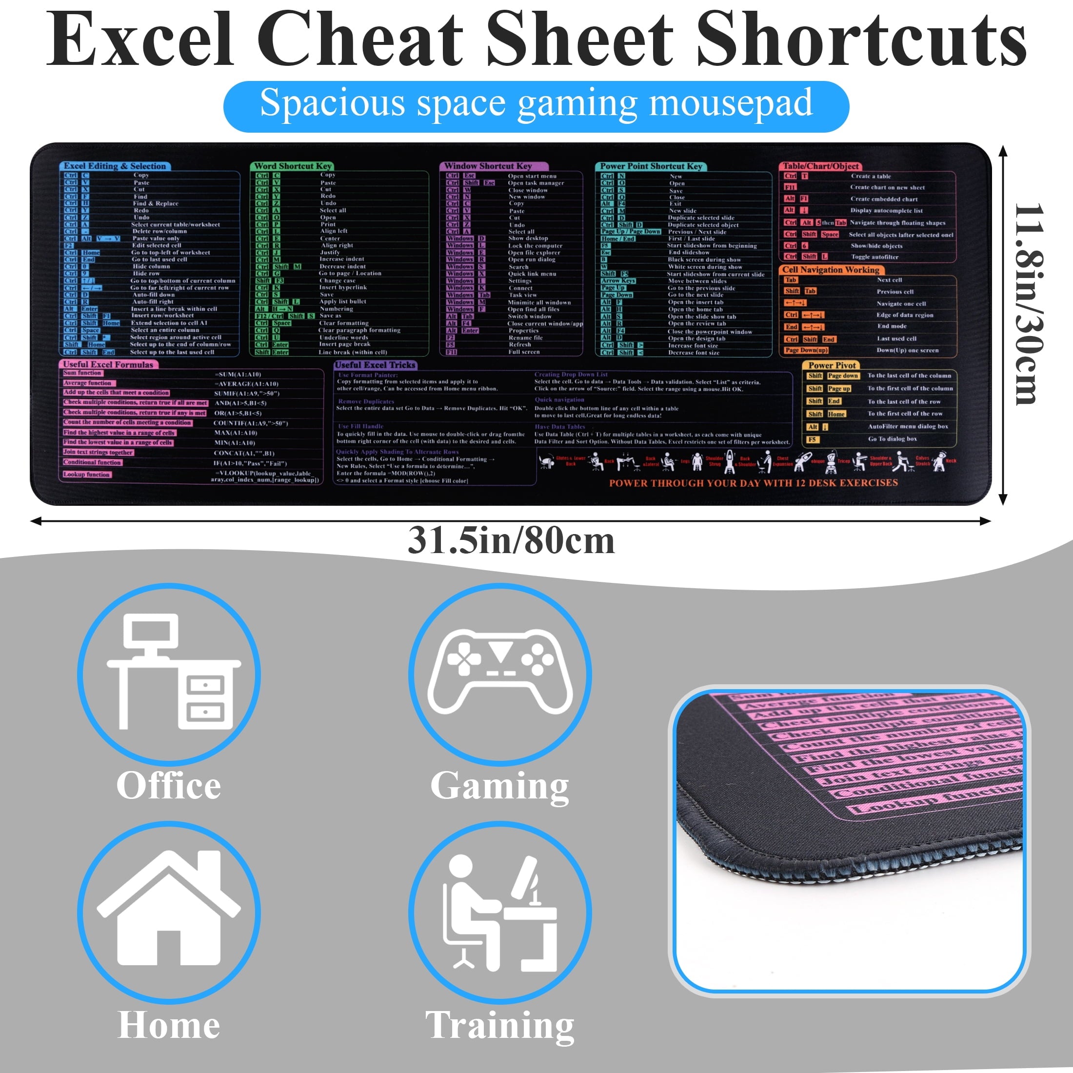 Excel Cheat Sheet Desk Pad, Large Office Excel Mouse Pad, Word/Window/PPT/Excel Shortcuts Cheat Sheet Desk Mat, PC Of... - Image 2