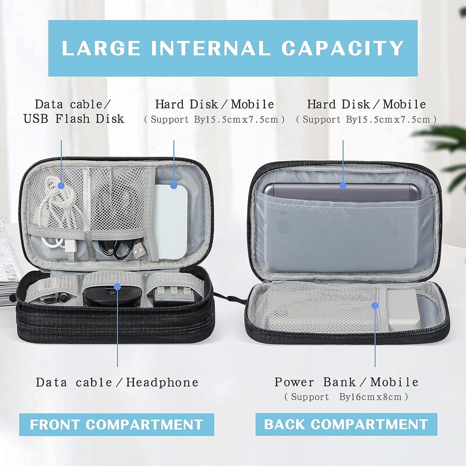 Black Travel Cable Organizer Bag Electronic Organizer Pouch Bag Electronic for Cable, Cord, Charger Accessories Doubl... - Image 3
