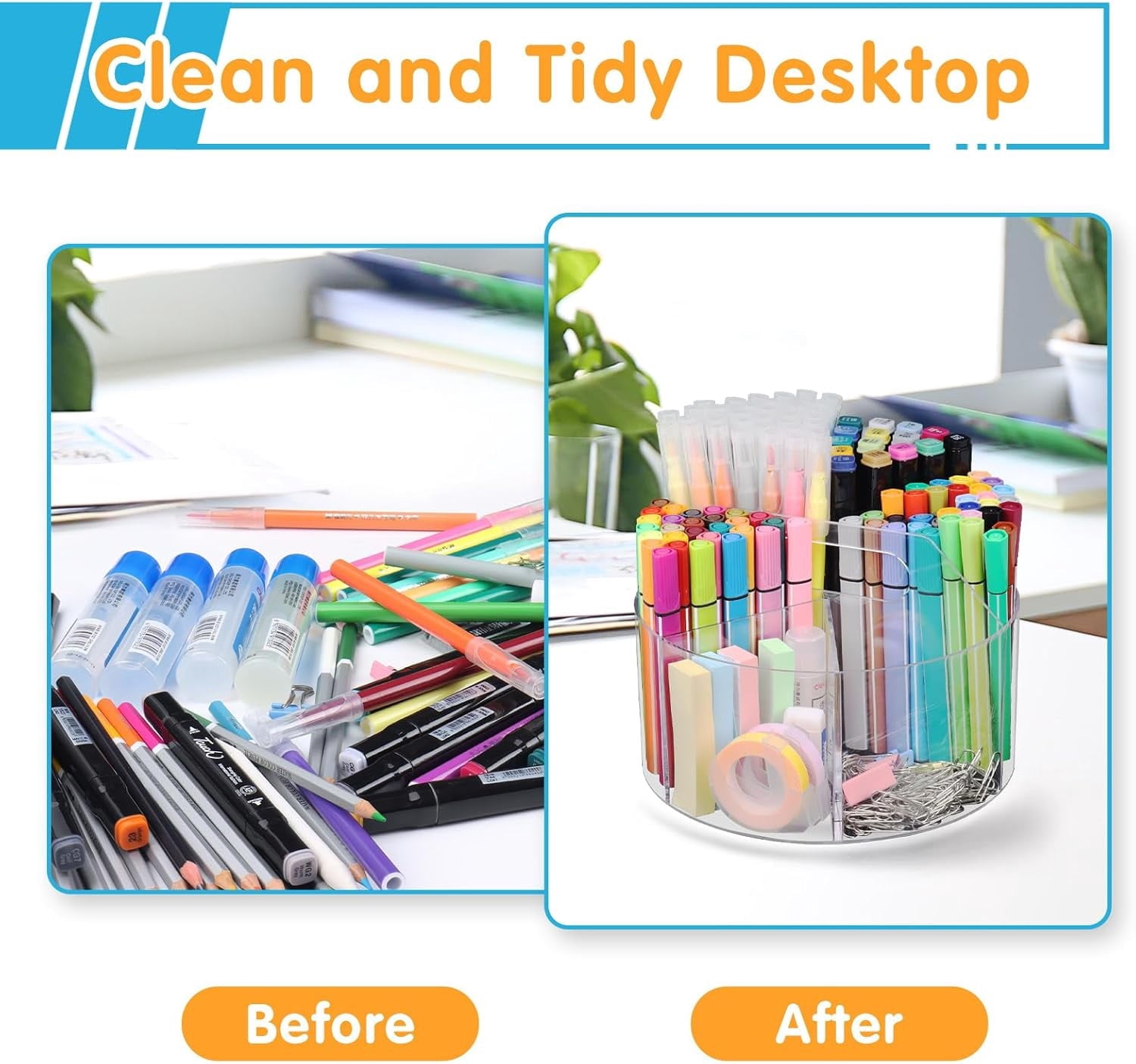 Behome Marker Organizer, 360-Degree Rotating Pencil Holder, Rotating Desk Acrylic Office Organizer with 6 Compartments, Art Supply Storage O - Image 3