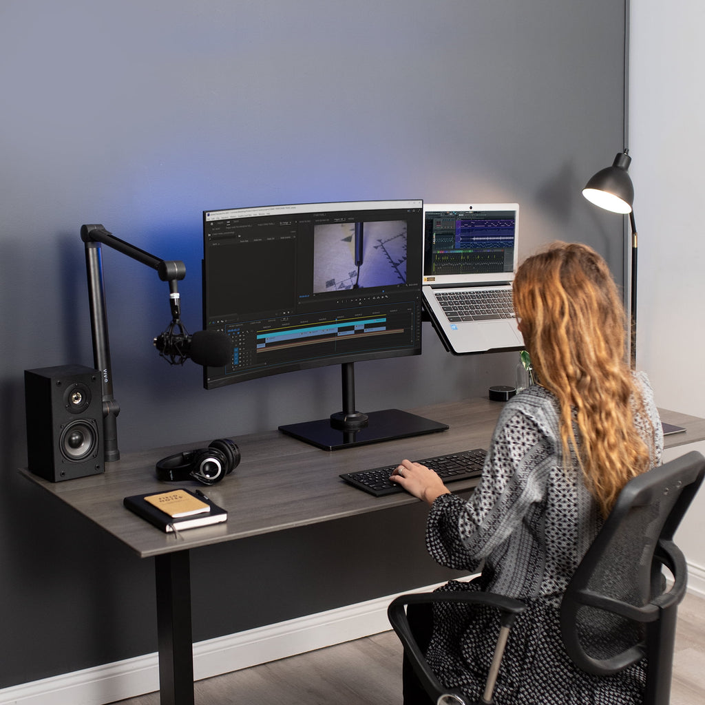 Black Laptop & Monitor Desk Stand with Glass Base, Fits up to 32" Screen - Image 4