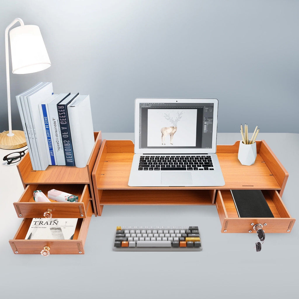 Stand with 3 Drawers Wooden Desk Organizer with Drawers Supplies Tabletop Desktop with Phone Holder - Image 3