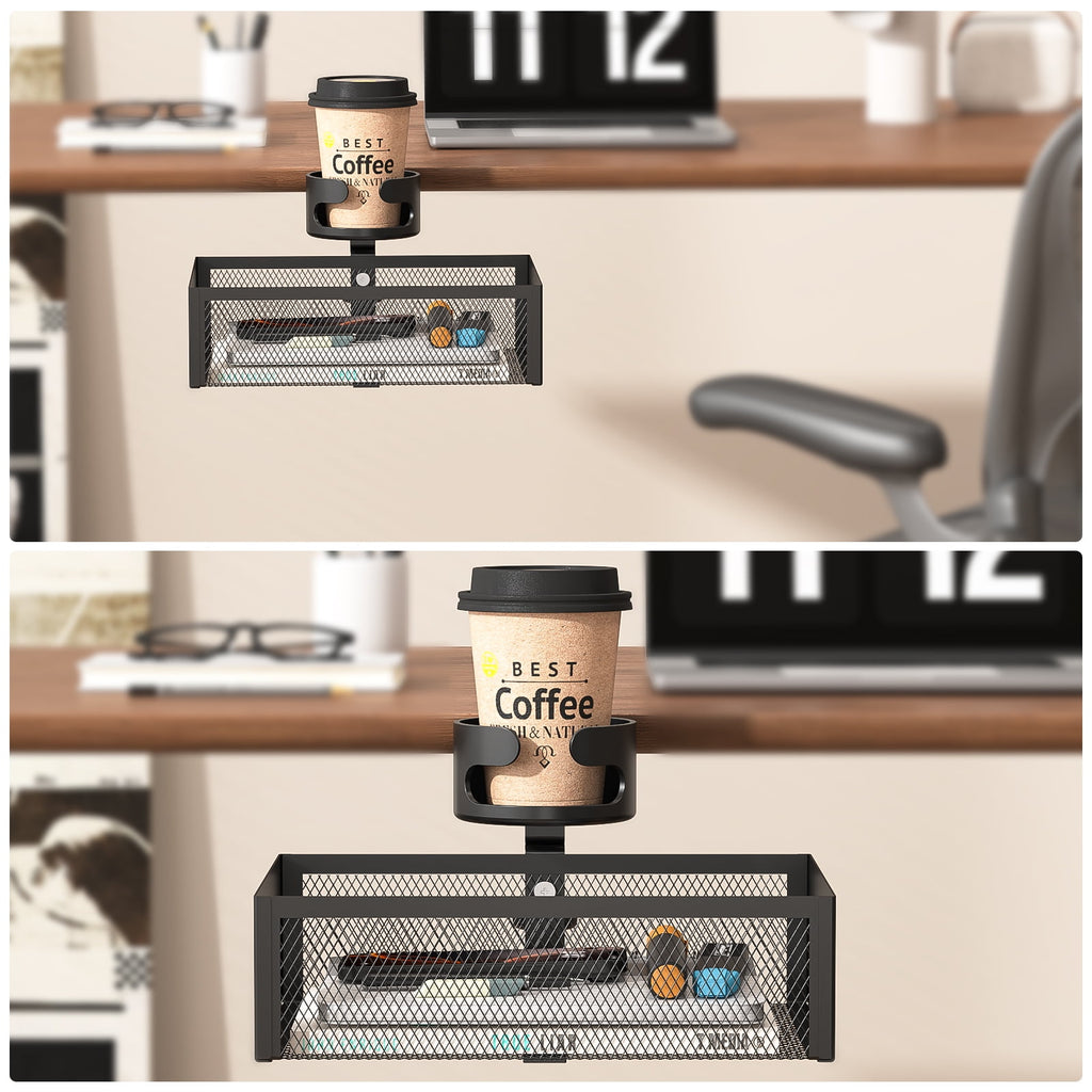Bemico 360Rotation Under Desk Drawer Organizer with Cup Holder, Clamp-On Metal Large Under Table Storage Slide Out Caddy Drawer for Home & O - Image 5