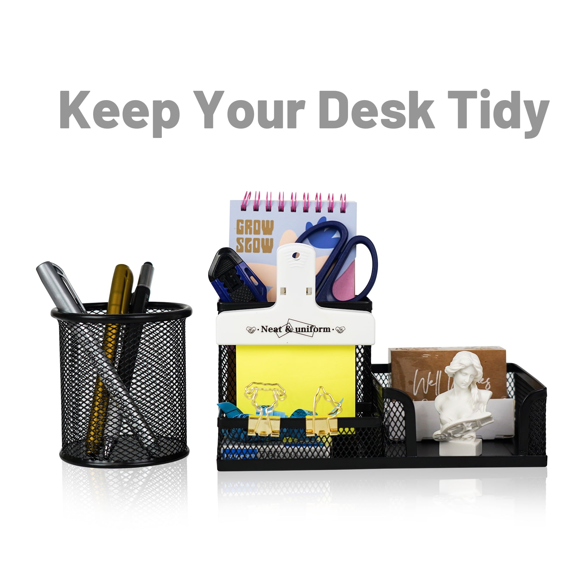 Mesh Pen Holder Desk Organizer with a Pencil Cup, 3 Compartmnets Desk Caddy, Helpful Sticky Note Holder and Paper Cli... - Image 2