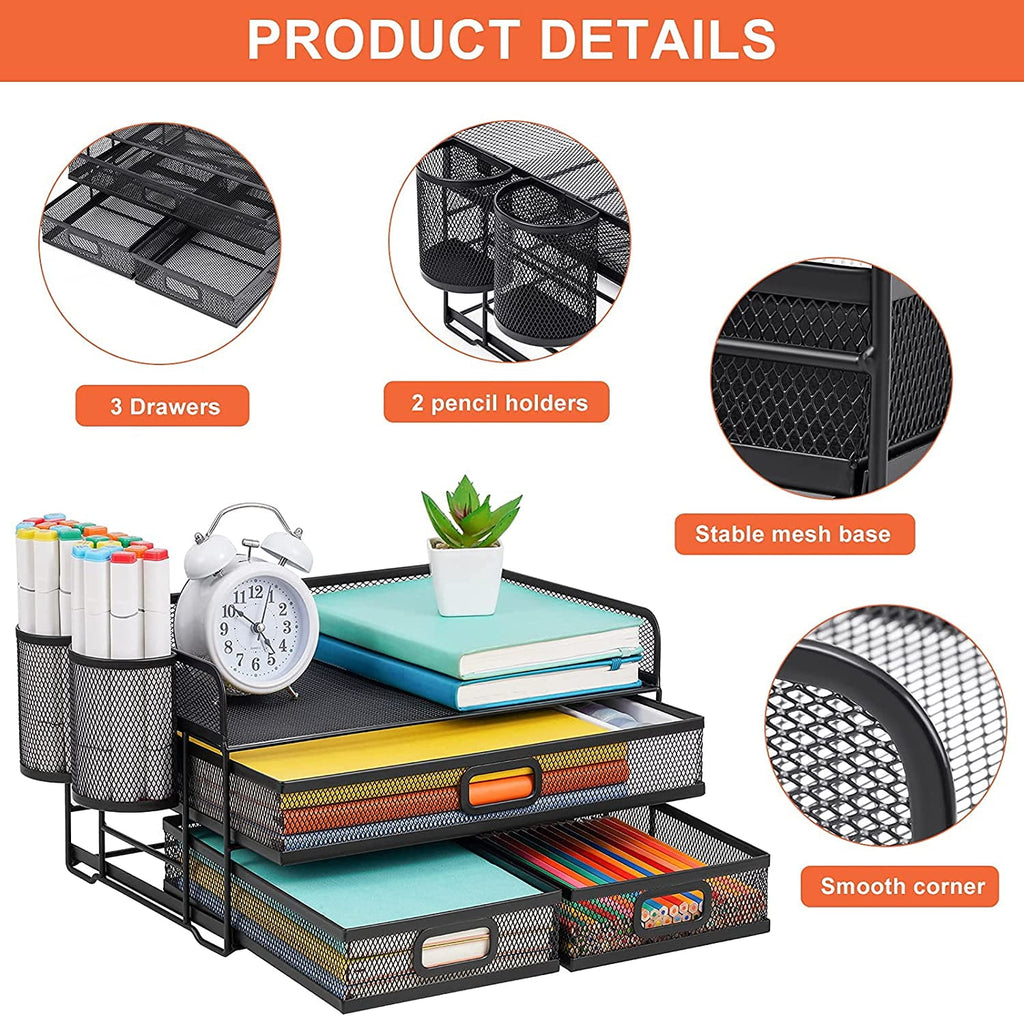 3 Tier Mesh Desk Organizer with Drawer, Multi-Functional Desk Organizers and Accessories, Paper Letter Organizer with... - Image 3