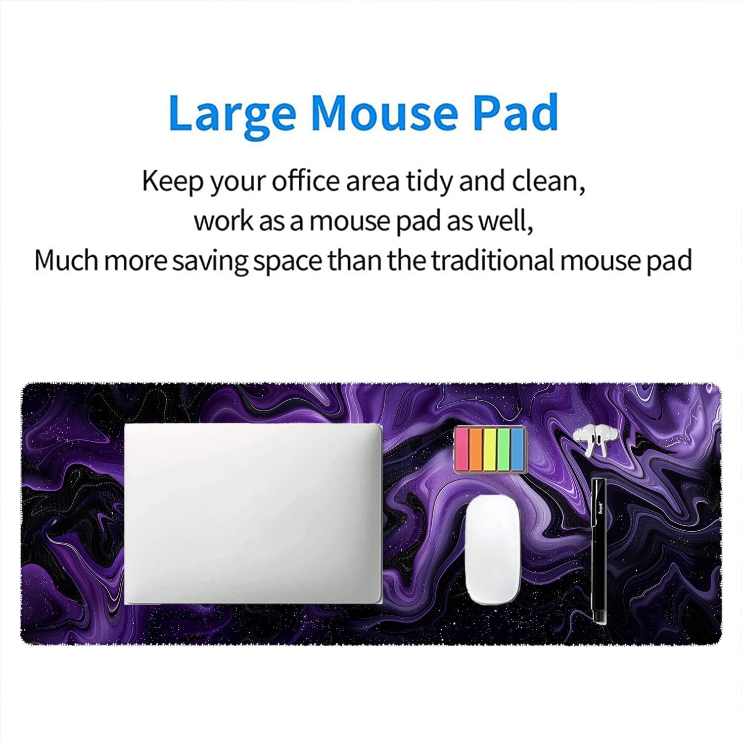 Dark Purple Ripples Desk Pad Mouse Pad Black Purple Lines Large Gaming Mouse Mat with Stitched Edges,Non-Slip Waterpr... - Image 3