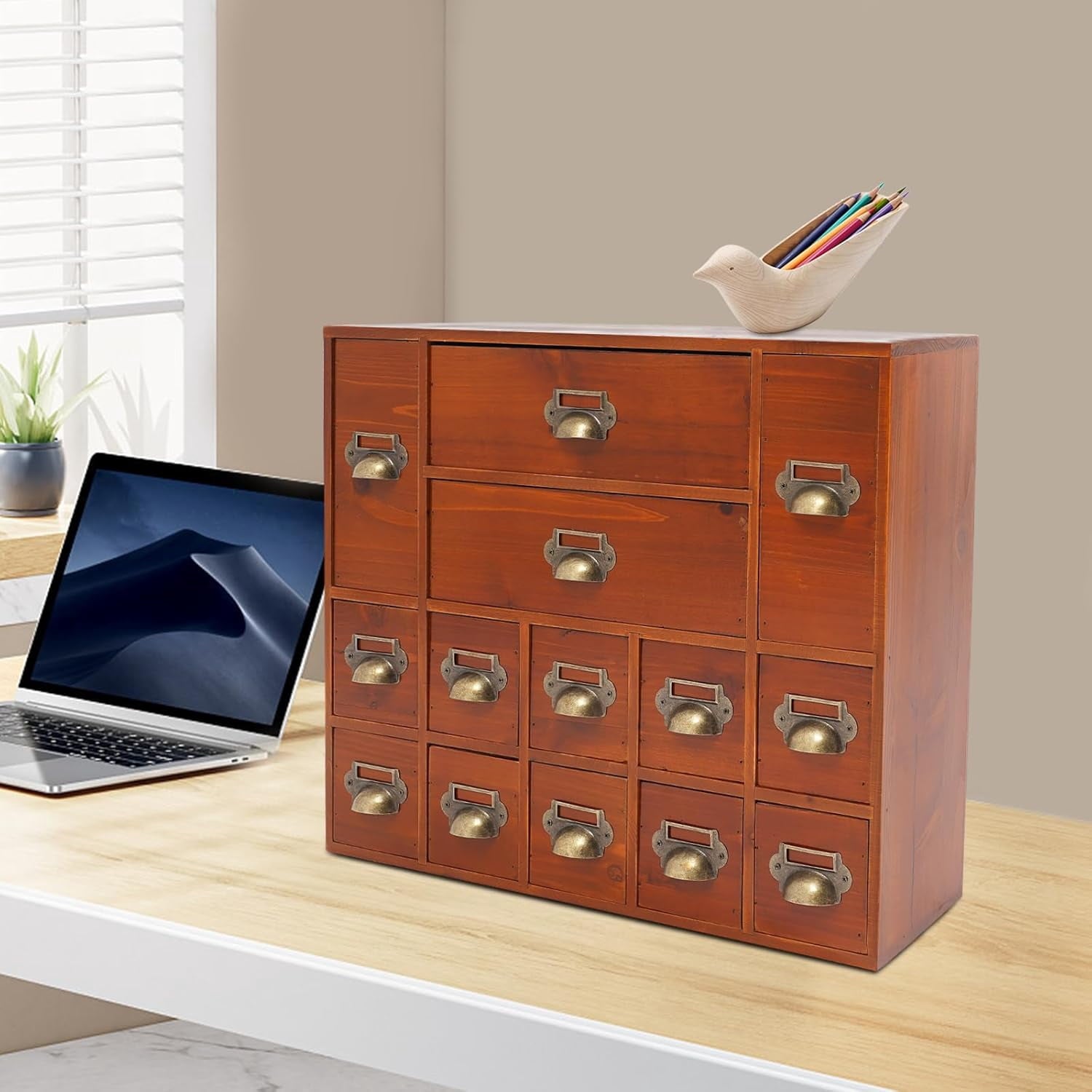 4 Desk Organizer with 14 Drawers, Wooden Apothecary Cabinet Desktop Storage Cabinet with Label Boxes, Makeup Organize... - Image 4