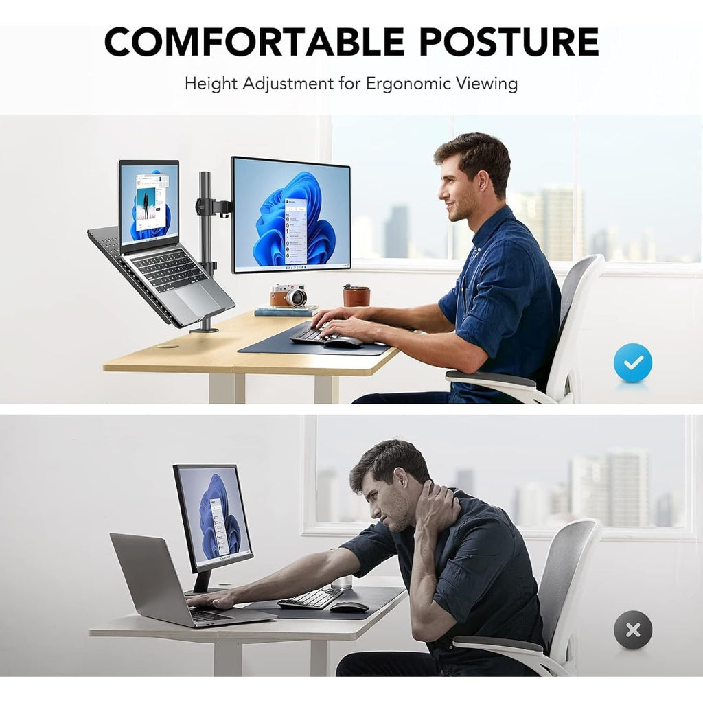 Adjustable Monitor Stand, Single Arm Desk Mount for 32 inch Screen and 17 inch Laptop, Heavy Duty Ergonomic Bracket H... - Image 3