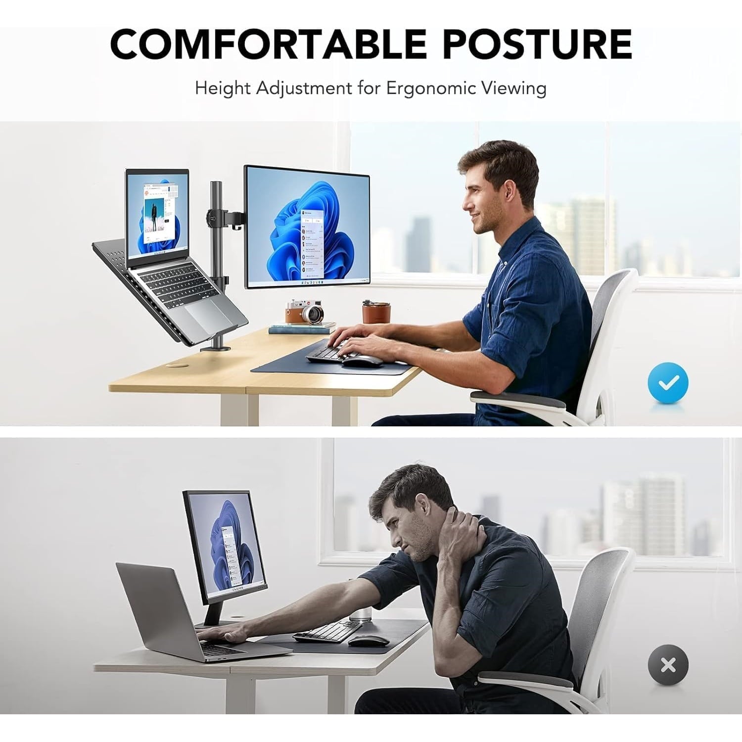 Adjustable Monitor Stand, Single Arm Desk Mount for 32 inch Screen and 17 inch Laptop, Heavy Duty Ergonomic Bracket H... - Image 3