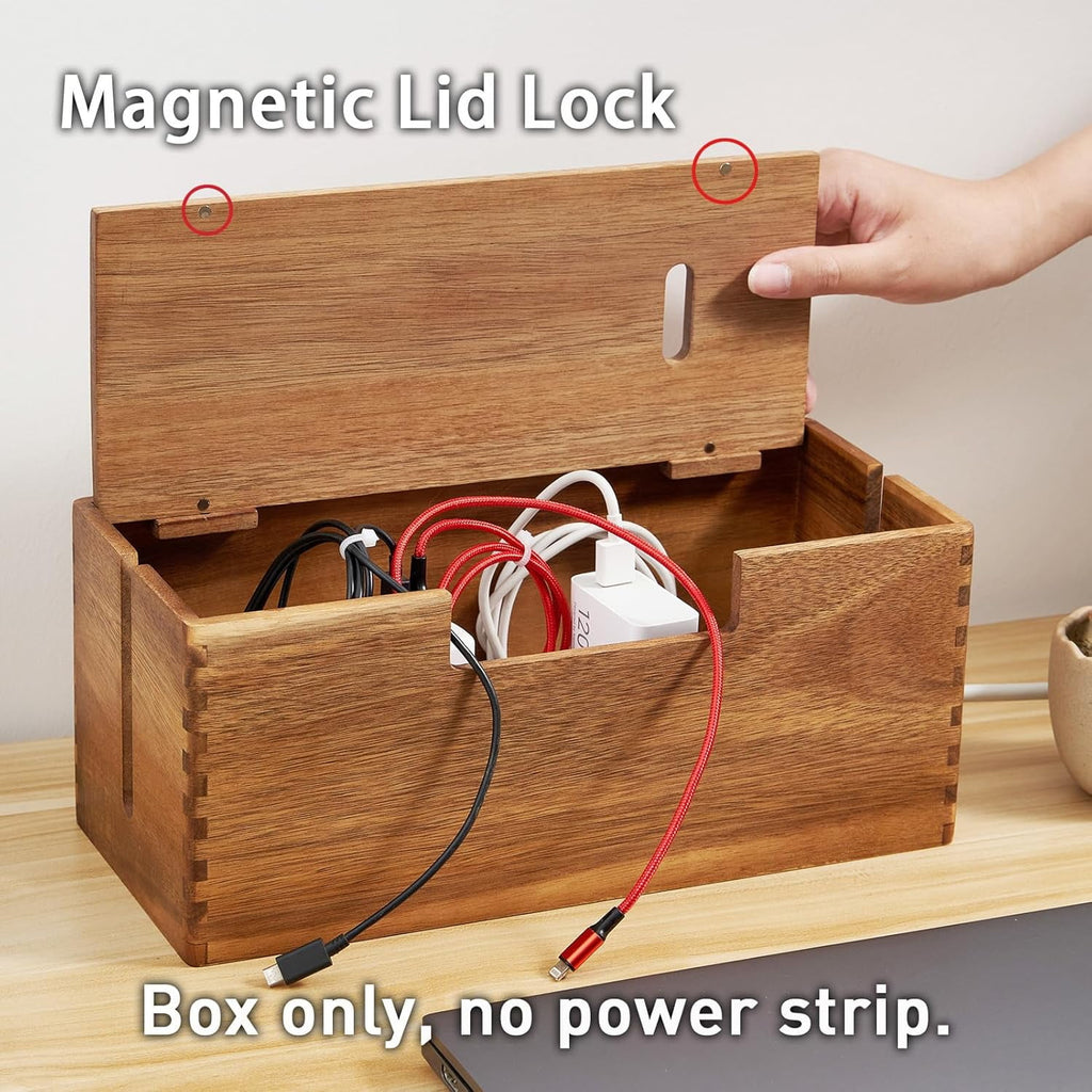 2 Pcs Acacia Wood Cable Management Box, Wooden Cord Hider & Organizer for Power Strip, Electrical Hiding, TV Wires, D... - Image 3