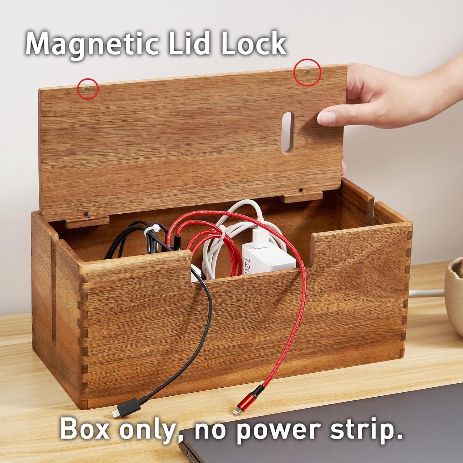 2 Pcs Acacia Wood Cable Management Box, Wooden Cord Hider & Organizer for Power Strip, Electrical Hiding, TV Wires, D... - Image 3