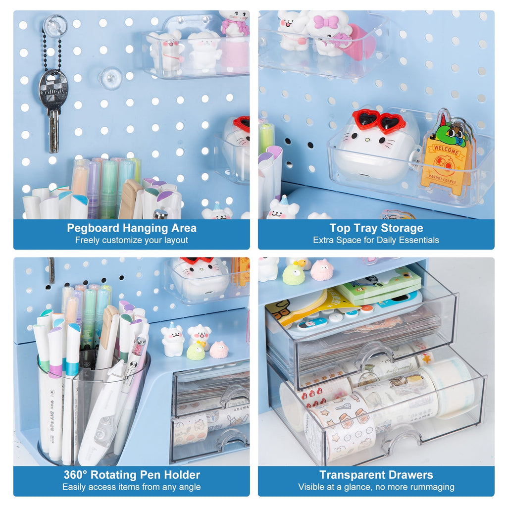 Desk Organizer, Small 2 Drawer Unit and Pen Holders, Multi-Purpose Pegboard organizer For Home Office, Blue - Image 4