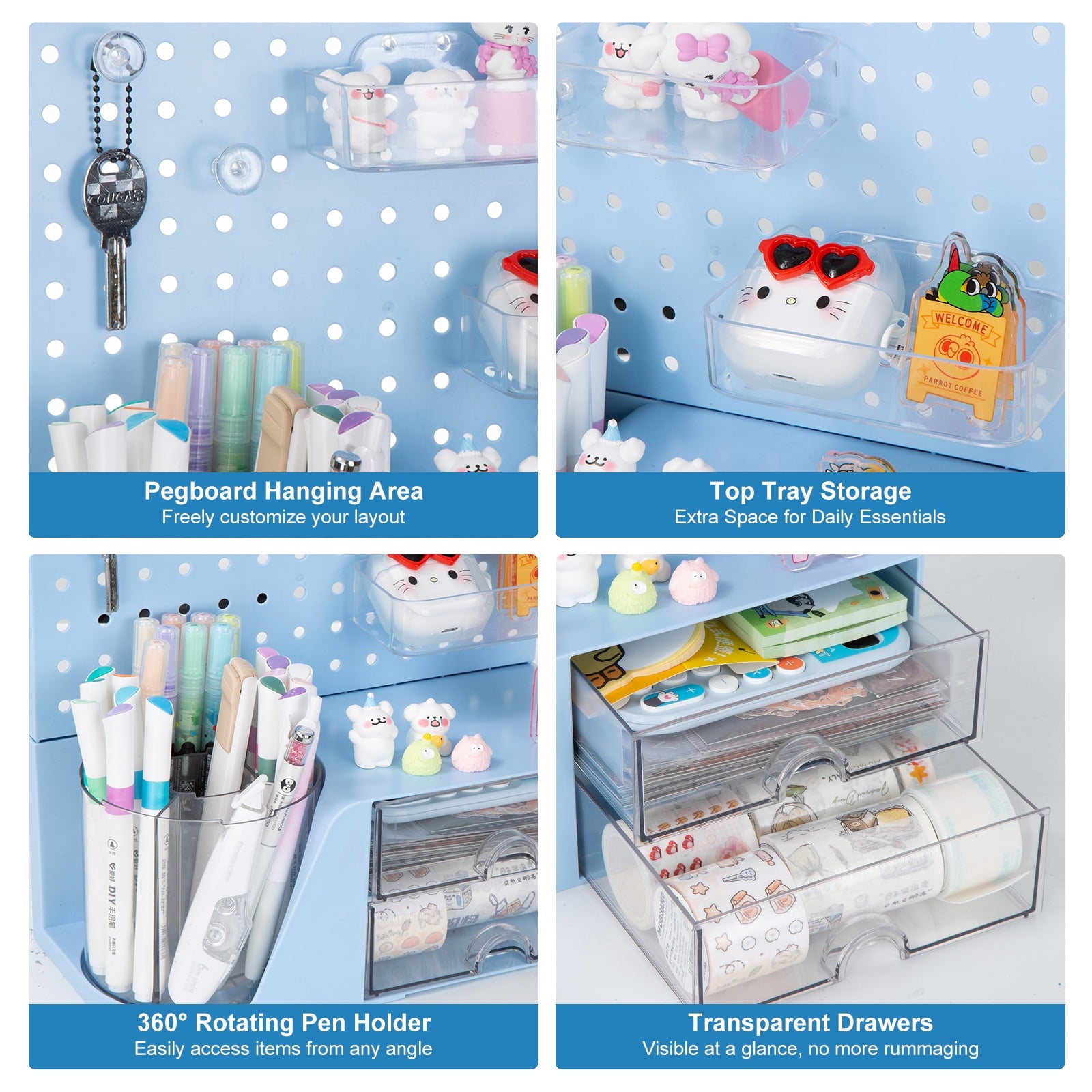 Desk Organizer, Small 2 Drawer Unit and Pen Holders, Multi-Purpose Pegboard organizer For Home Office, Blue - Image 4