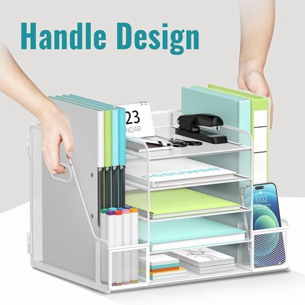 5-Tier Desk Organizer with File Holder, Mesh Paper Letter Tray Organizer with Magazine Holder, Desktop Organizer and ... - Image 4
