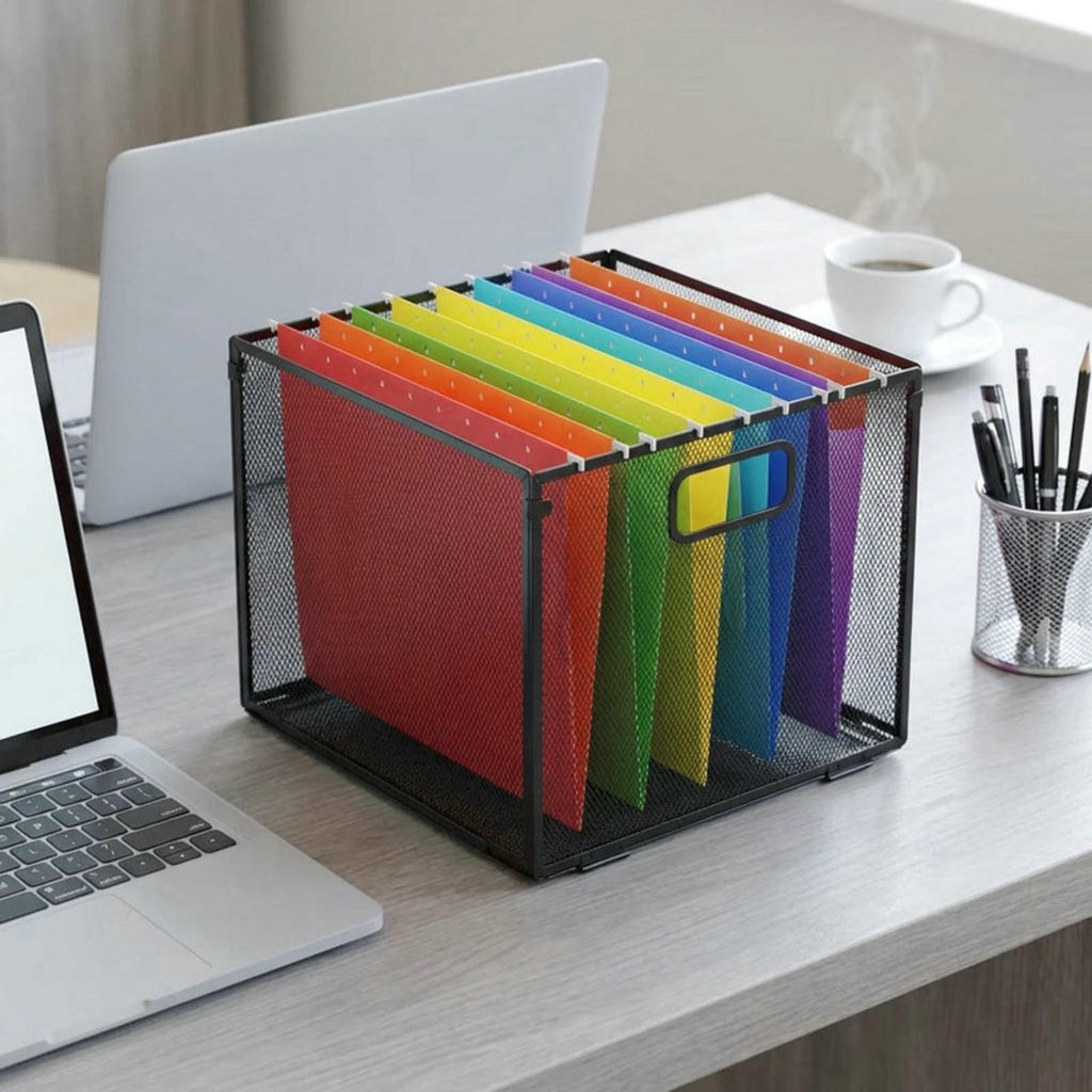 Metal Hanging File Folder Organizer, Stackable Desktop Document Storage Basket, Detachable Foldable Desk Organizer fo... - Image 3