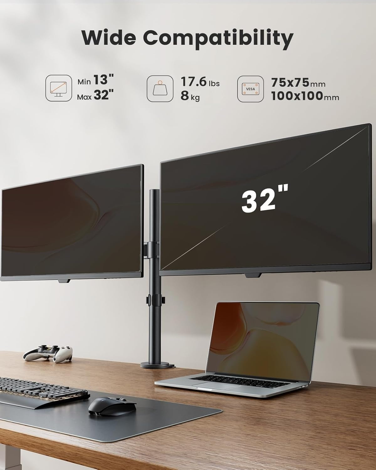 Dual Monitor Stand for 13 to 32 Inch Screens, Desk Mount with C-Clamp, Each Arm Holds 17.6 lbs, Double Monitor Mount Full Motion Adjustabili - Image 3